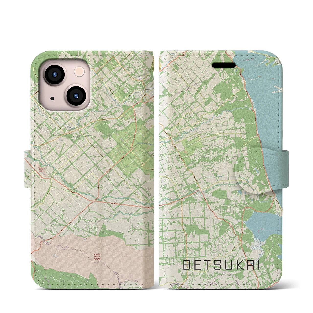 【別海(北海道)】地図柄iPhoneケース(手帳タイプ)ナチュラル・iPhone 13 mini 用