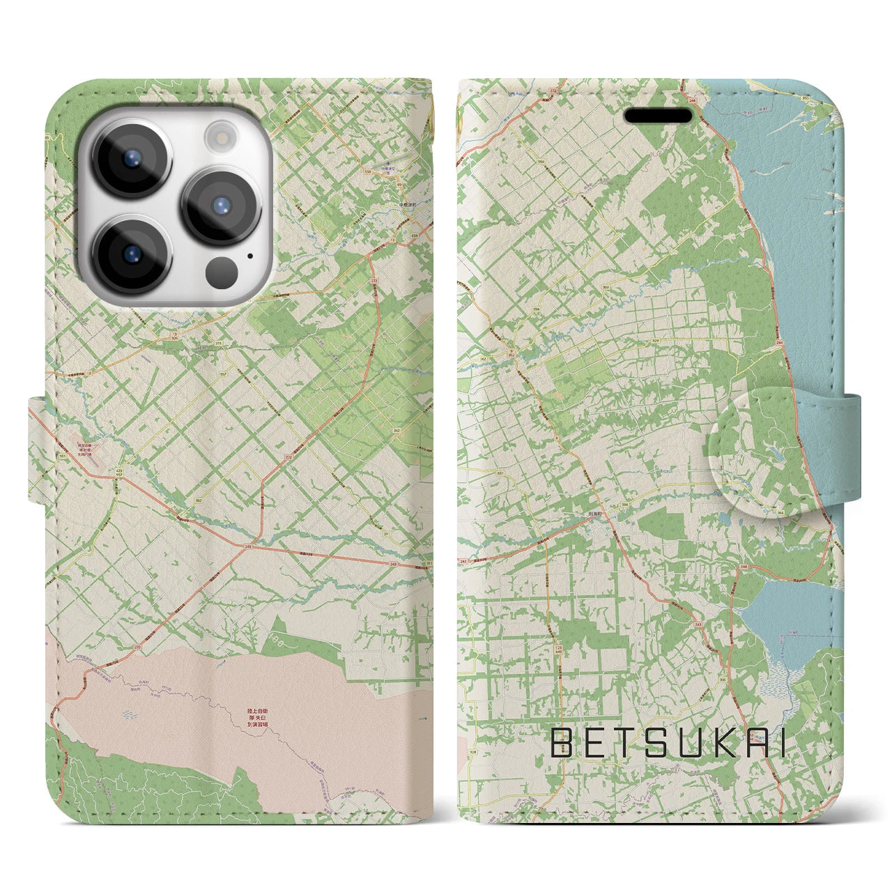【別海(北海道)】地図柄iPhoneケース(手帳タイプ)ナチュラル・iPhone 14 Pro 用