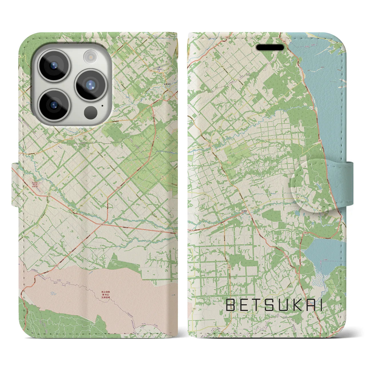 【別海(北海道)】地図柄iPhoneケース(手帳タイプ)ナチュラル・iPhone 15 Pro 用