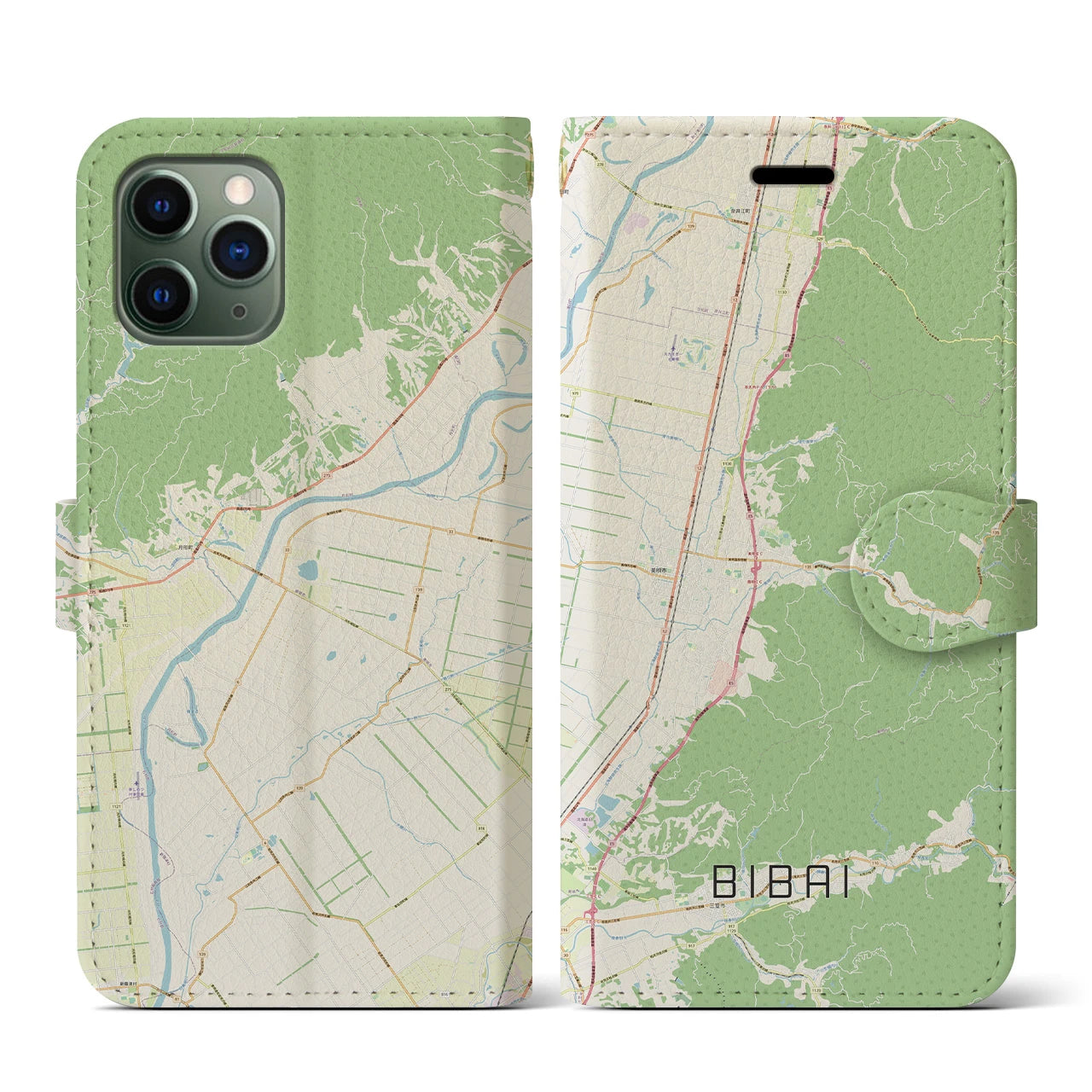 【美唄(北海道)】地図柄iPhoneケース(手帳タイプ)ナチュラル・iPhone 11 Pro 用