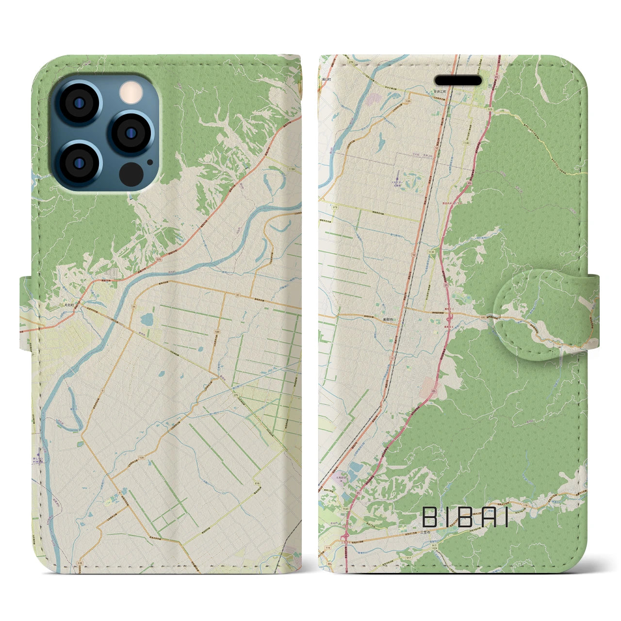 【美唄(北海道)】地図柄iPhoneケース(手帳タイプ)ナチュラル・iPhone 12 / 12 Pro 用