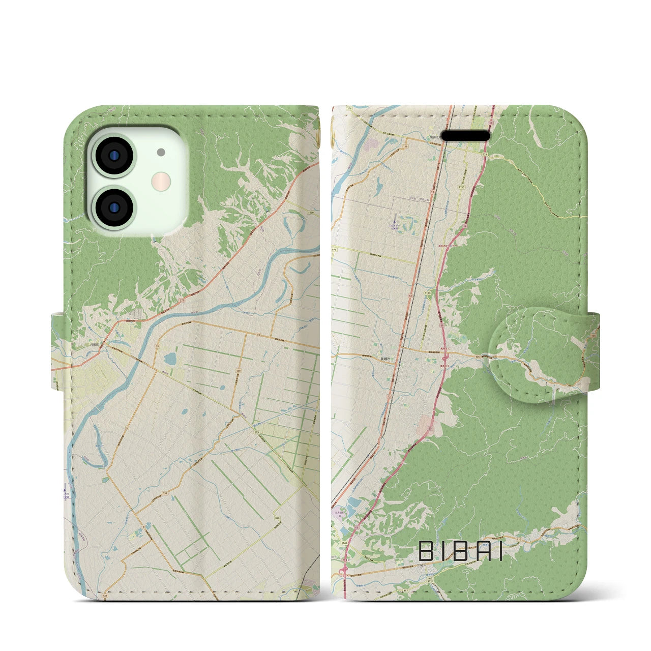 【美唄(北海道)】地図柄iPhoneケース(手帳タイプ)ナチュラル・iPhone 12 mini 用