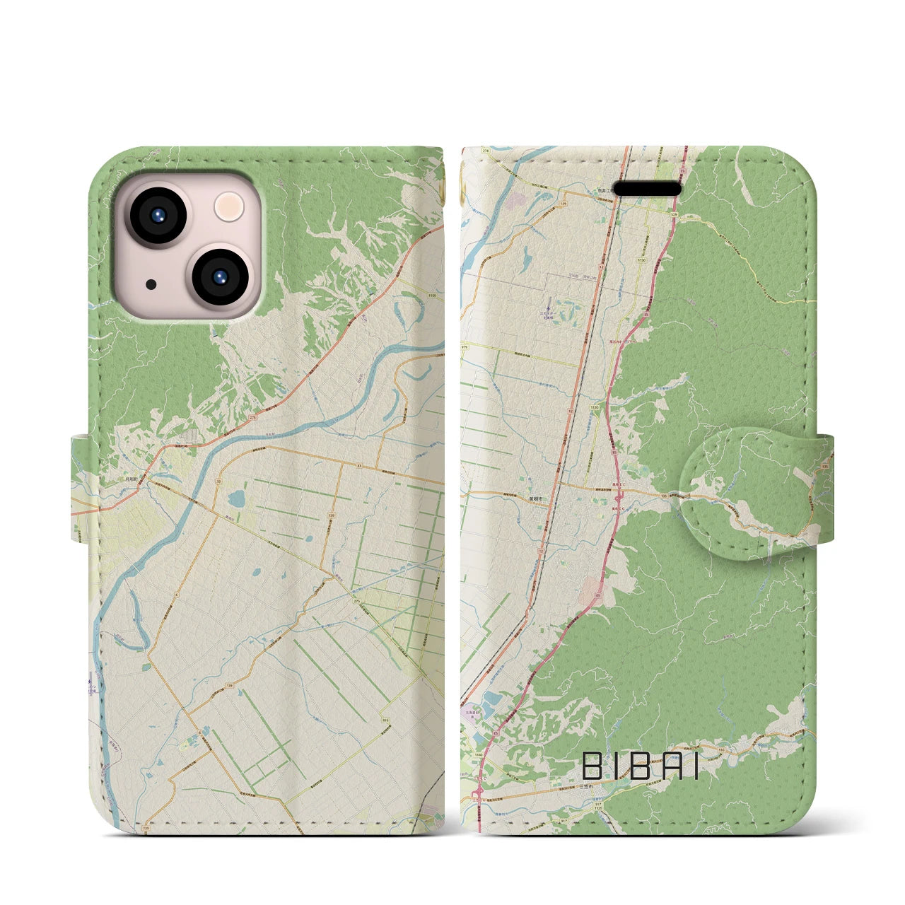 【美唄(北海道)】地図柄iPhoneケース(手帳タイプ)ナチュラル・iPhone 13 mini 用