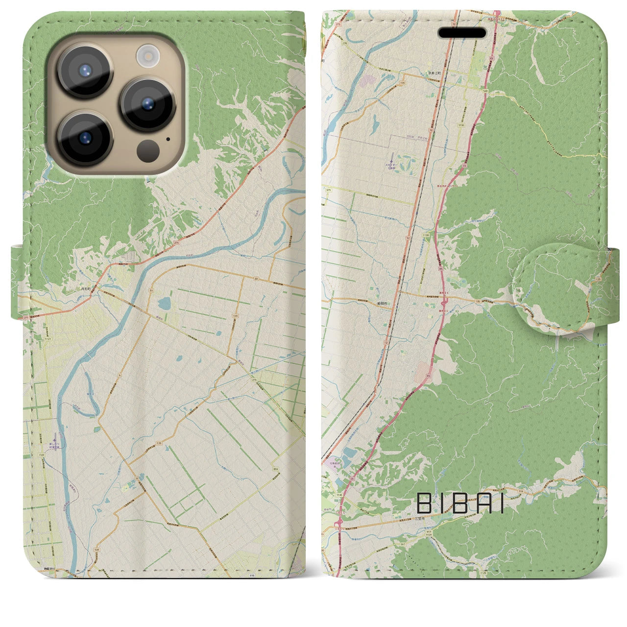 【美唄(北海道)】地図柄iPhoneケース(手帳タイプ)ナチュラル・iPhone 14 Pro Max 用