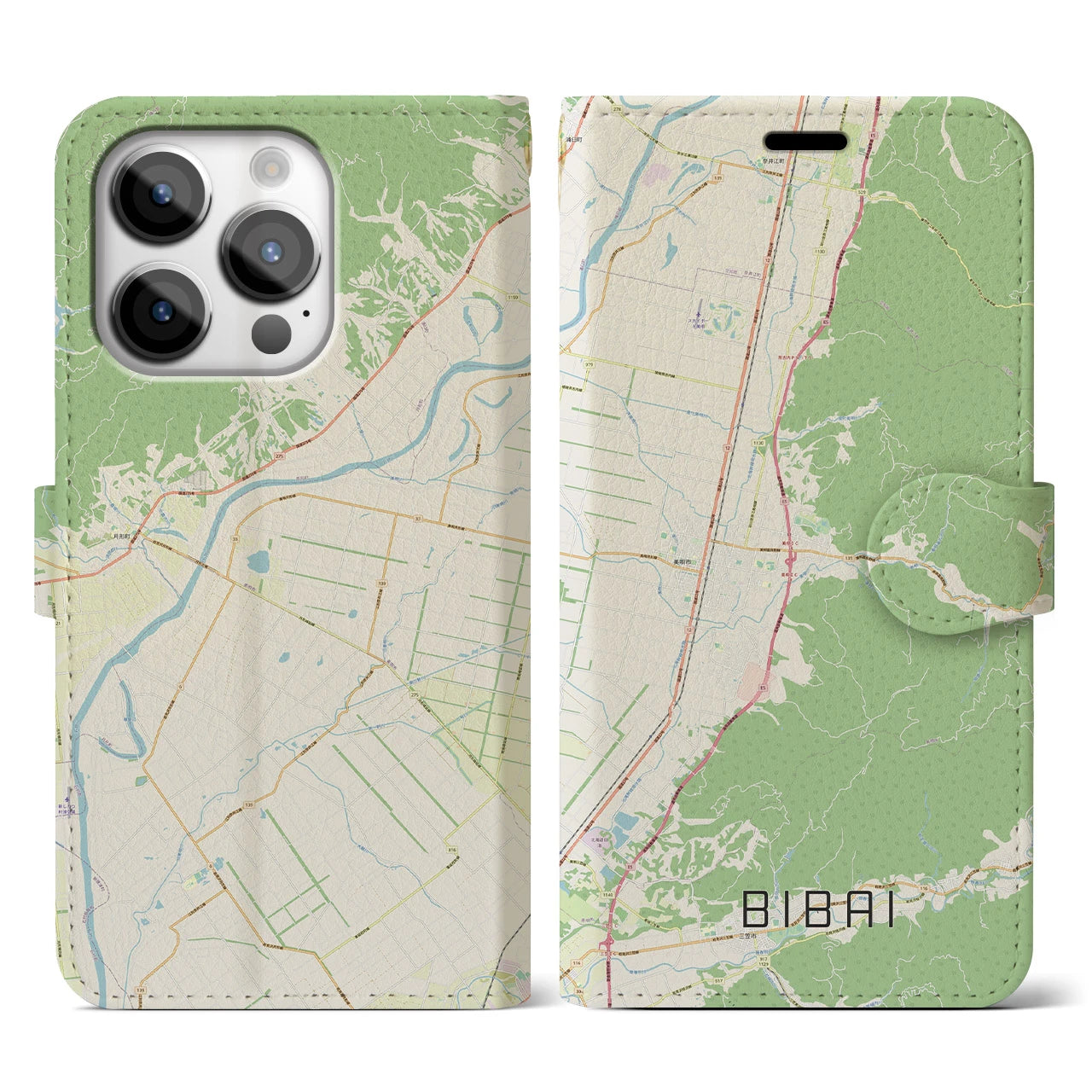 【美唄(北海道)】地図柄iPhoneケース(手帳タイプ)ナチュラル・iPhone 14 Pro 用