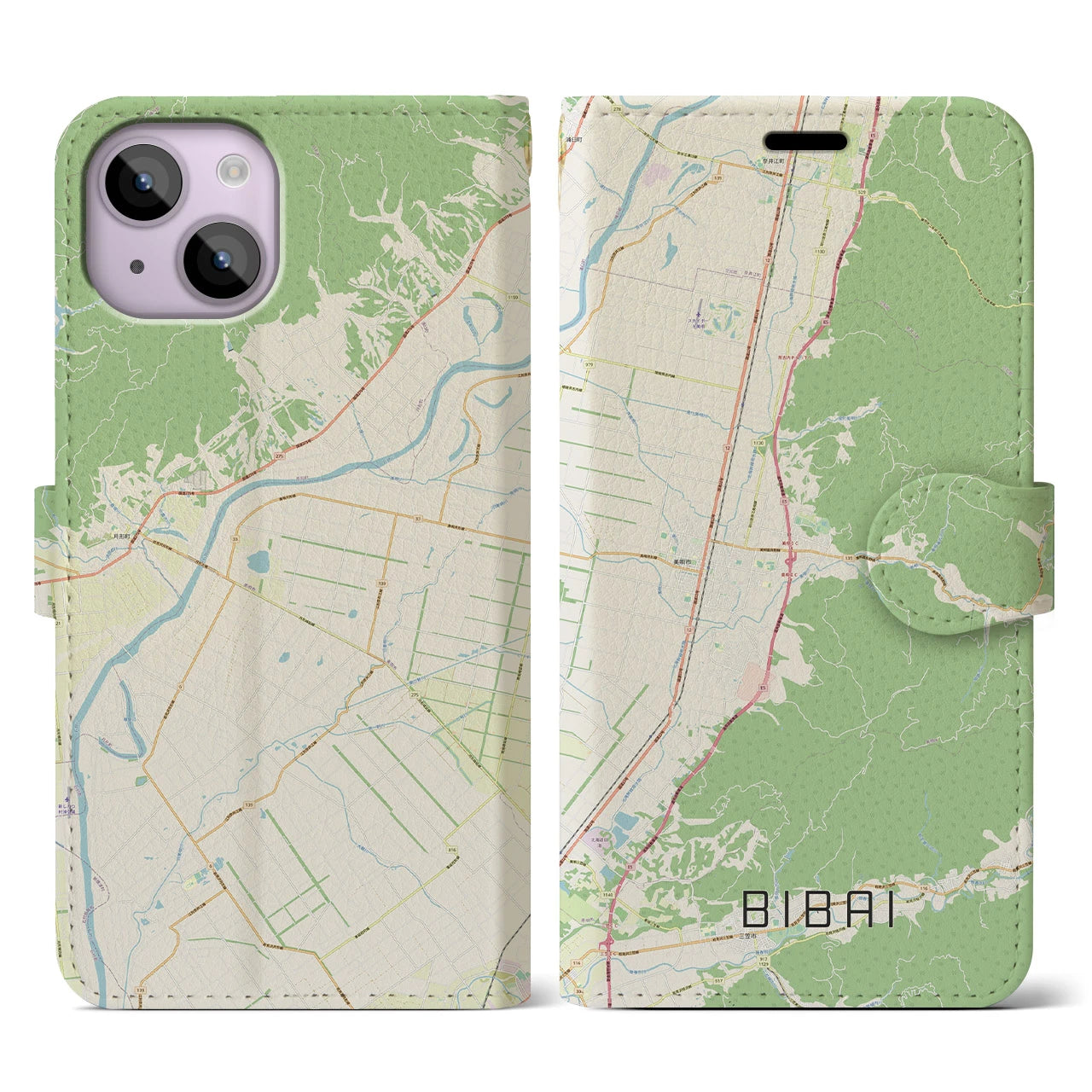 【美唄(北海道)】地図柄iPhoneケース(手帳タイプ)ナチュラル・iPhone 14 用