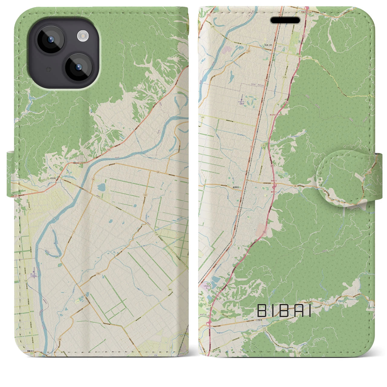 【美唄(北海道)】地図柄iPhoneケース(手帳タイプ)ナチュラル・iPhone 14 Plus 用