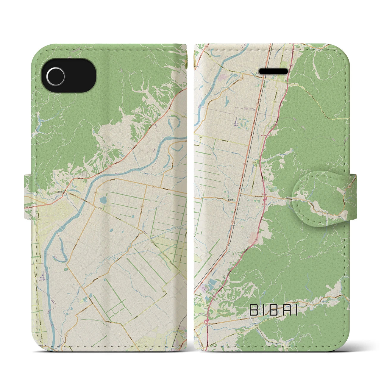 【美唄(北海道)】地図柄iPhoneケース(手帳タイプ)ナチュラル・iPhone SE(第3 / 第2世代) / 8 / 7 / 6s / 6 用