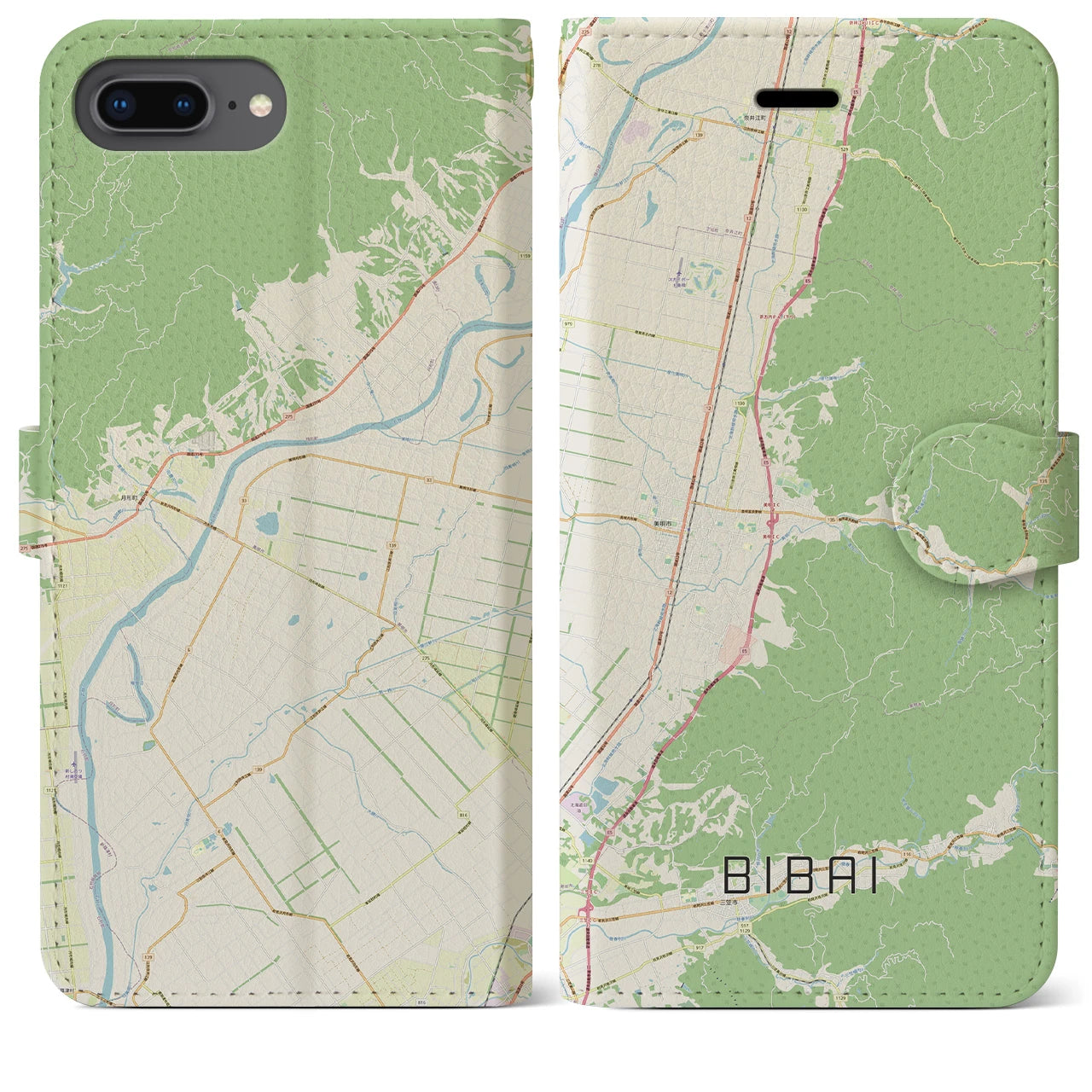 【美唄(北海道)】地図柄iPhoneケース(手帳タイプ)ナチュラル・iPhone 8Plus /7Plus / 6sPlus / 6Plus 用