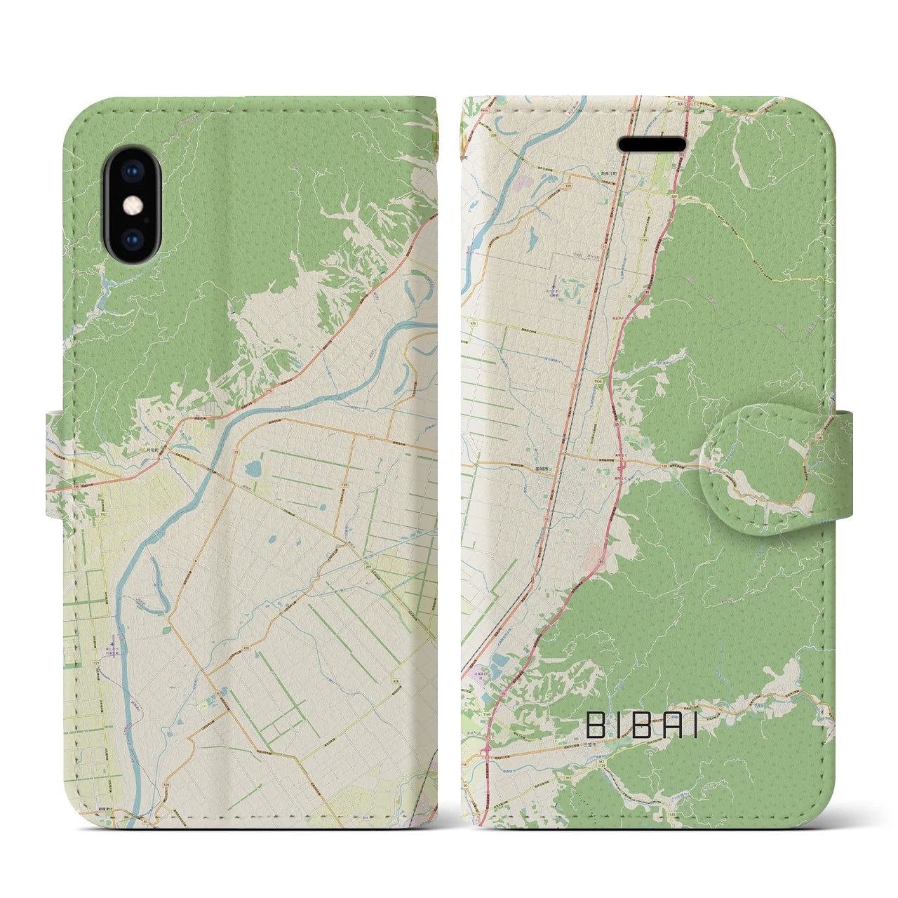 【美唄(北海道)】地図柄iPhoneケース(手帳タイプ)ナチュラル・iPhone XS / X 用