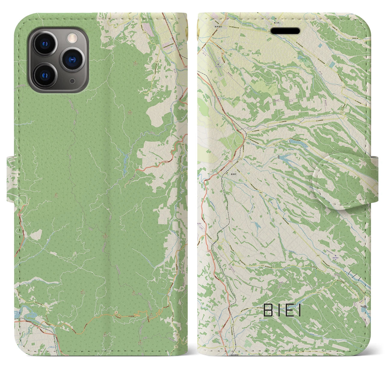 【美瑛(北海道)】地図柄iPhoneケース(手帳タイプ)ナチュラル・iPhone 11 Pro Max 用