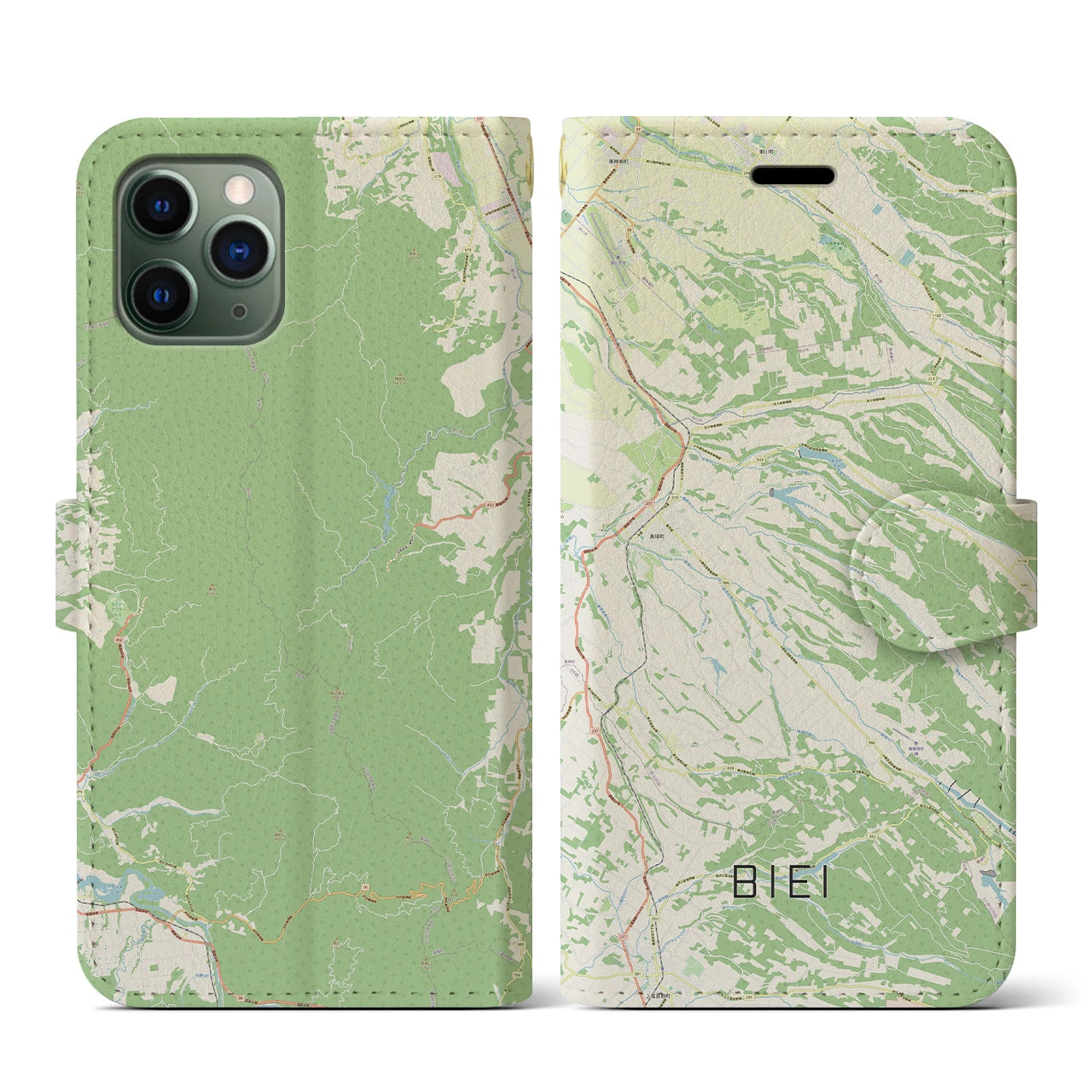 【美瑛(北海道)】地図柄iPhoneケース(手帳タイプ)ナチュラル・iPhone 11 Pro 用