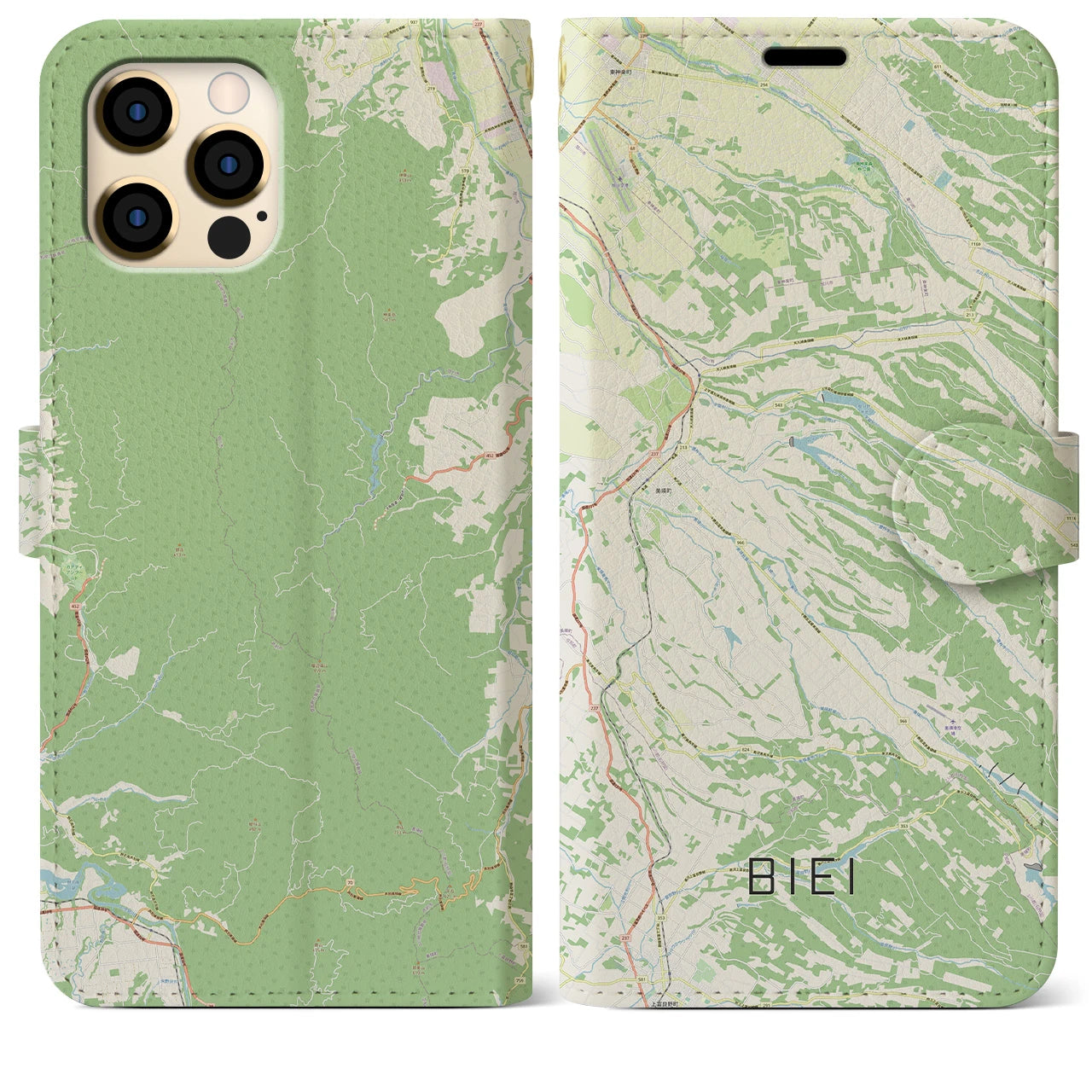 【美瑛(北海道)】地図柄iPhoneケース(手帳タイプ)ナチュラル・iPhone 12 Pro Max 用