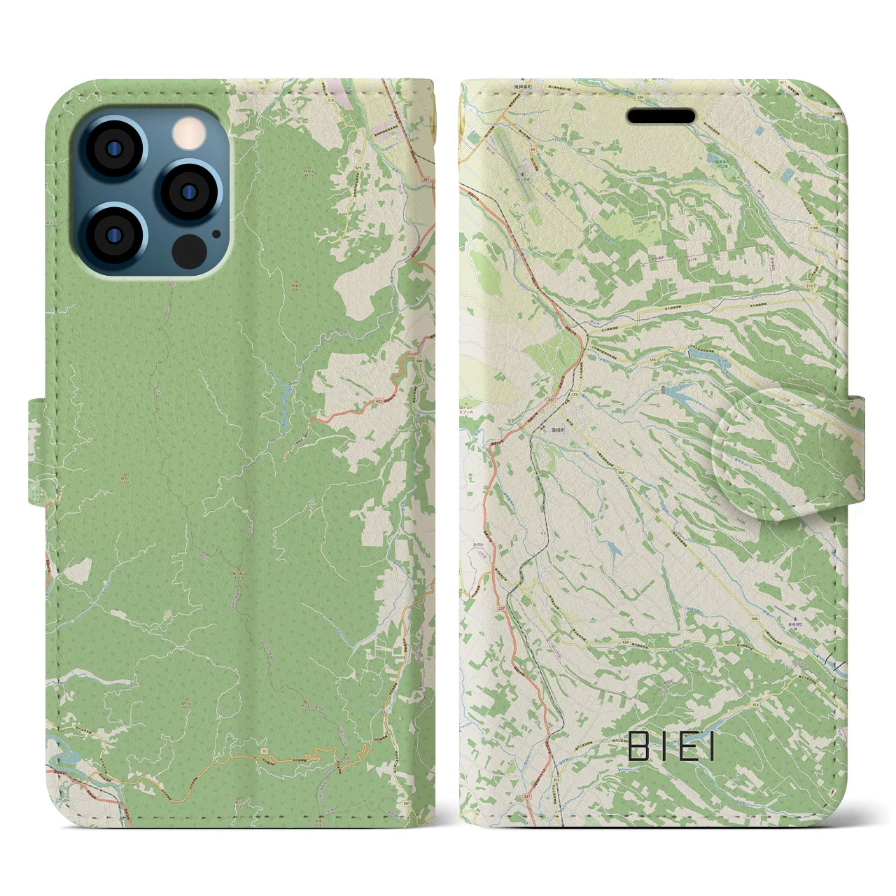 【美瑛(北海道)】地図柄iPhoneケース(手帳タイプ)ナチュラル・iPhone 12 / 12 Pro 用