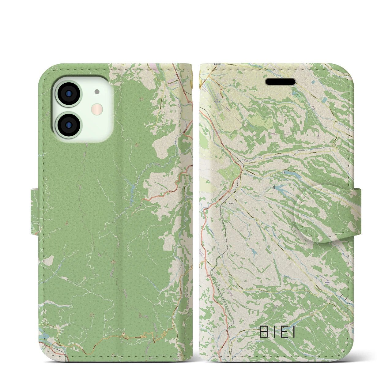 【美瑛(北海道)】地図柄iPhoneケース(手帳タイプ)ナチュラル・iPhone 12 mini 用