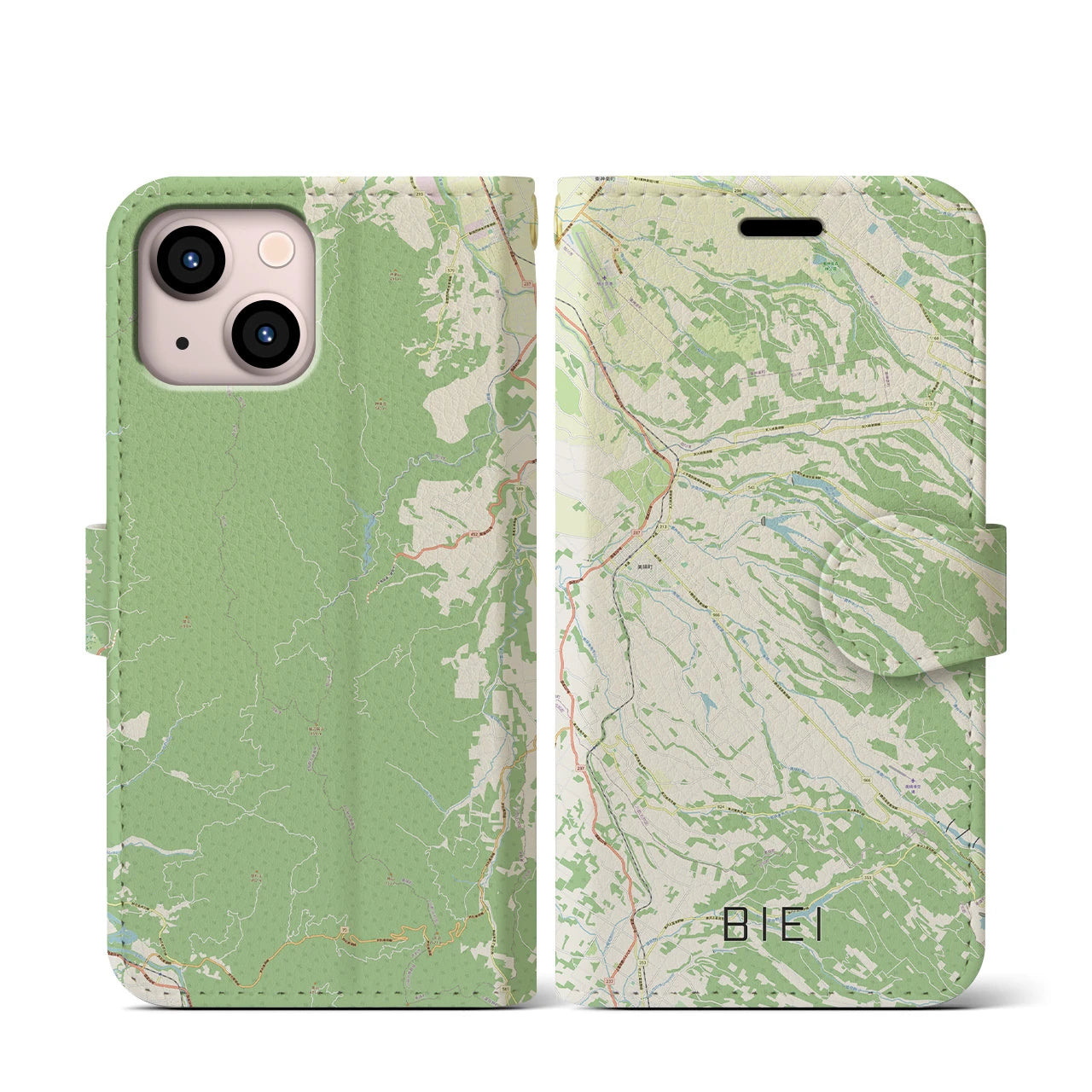 【美瑛(北海道)】地図柄iPhoneケース(手帳タイプ)ナチュラル・iPhone 13 mini 用