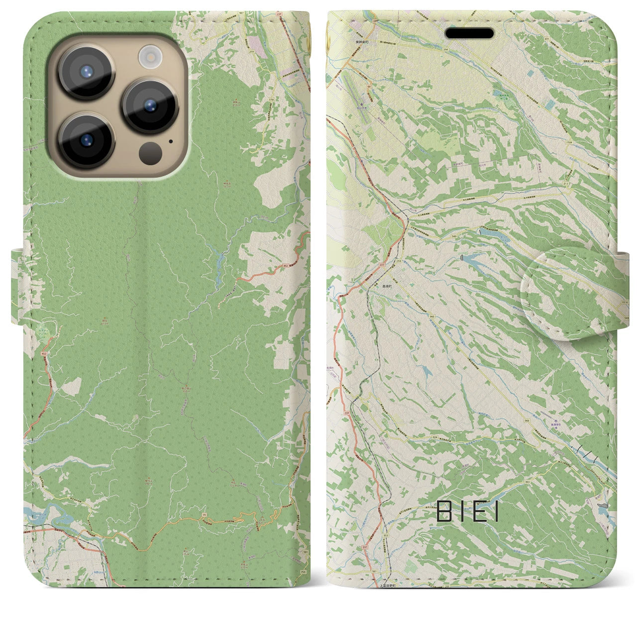 【美瑛(北海道)】地図柄iPhoneケース(手帳タイプ)ナチュラル・iPhone 14 Pro Max 用