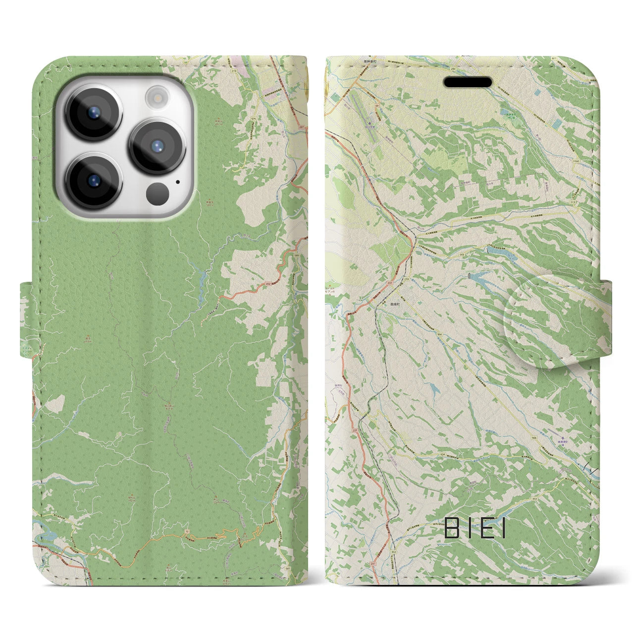 【美瑛(北海道)】地図柄iPhoneケース(手帳タイプ)ナチュラル・iPhone 14 Pro 用