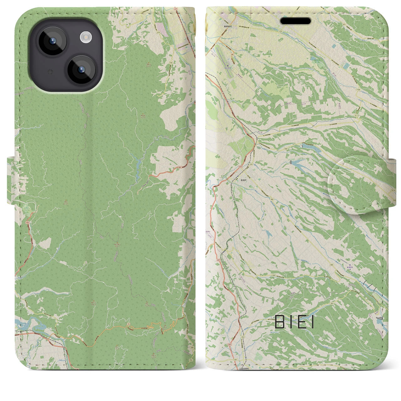 【美瑛(北海道)】地図柄iPhoneケース(手帳タイプ)ナチュラル・iPhone 14 Plus 用