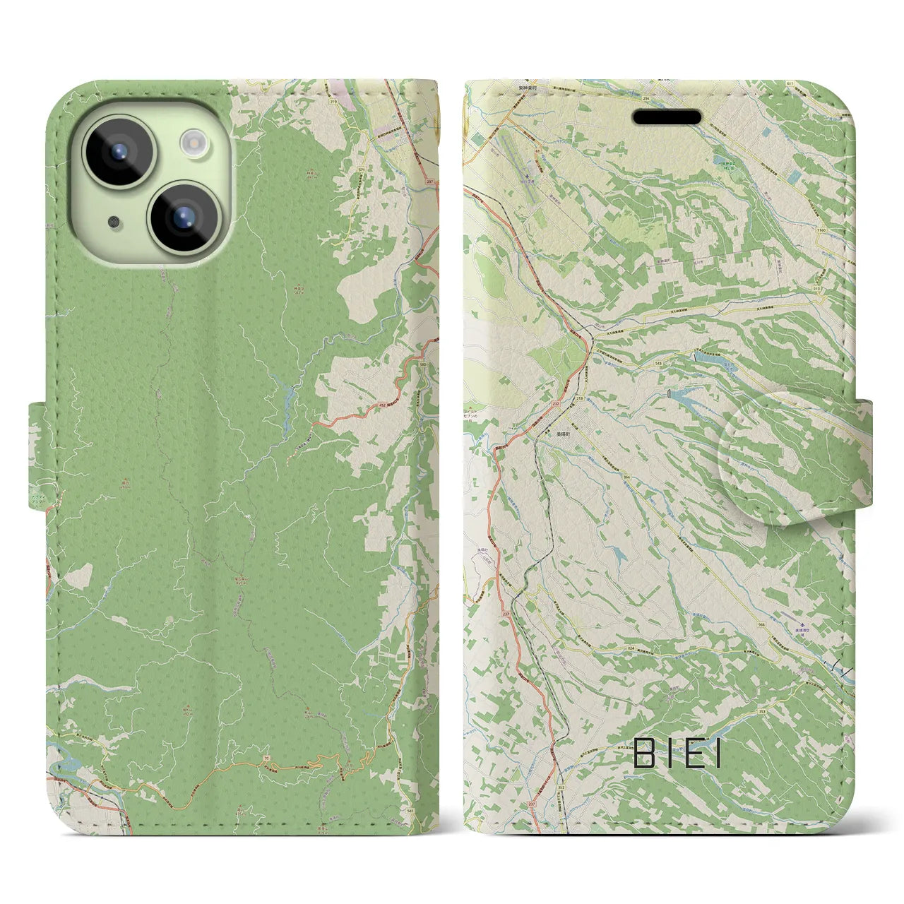 【美瑛(北海道)】地図柄iPhoneケース(手帳タイプ)ナチュラル・iPhone 15 用