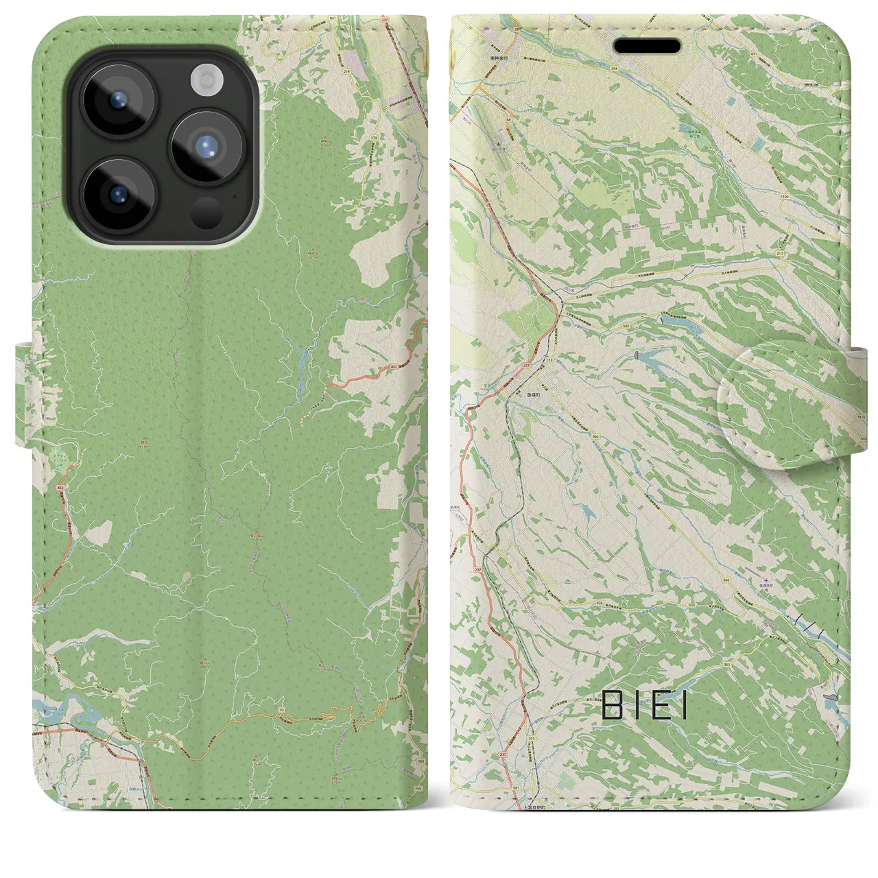 【美瑛(北海道)】地図柄iPhoneケース(手帳タイプ)ナチュラル・iPhone 15 Pro Max 用