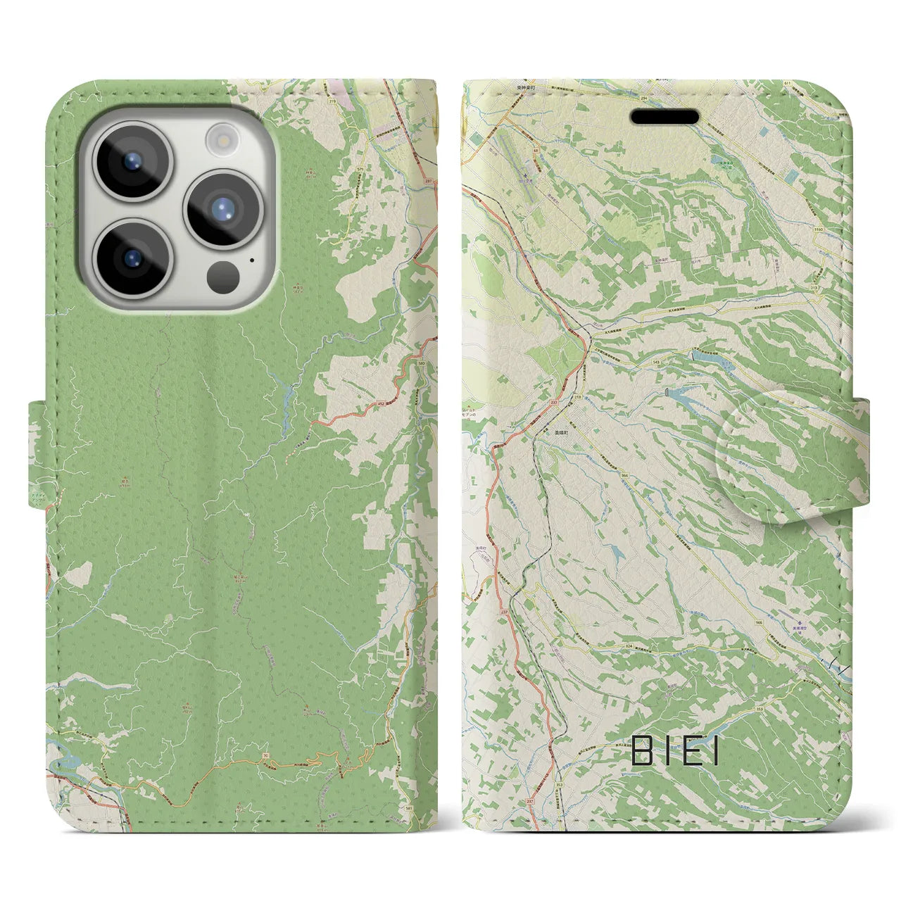 【美瑛(北海道)】地図柄iPhoneケース(手帳タイプ)ナチュラル・iPhone 15 Pro 用