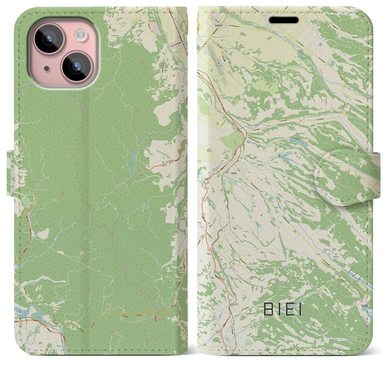 【美瑛(北海道)】地図柄iPhoneケース(手帳タイプ)ナチュラル・iPhone 15 Plus 用