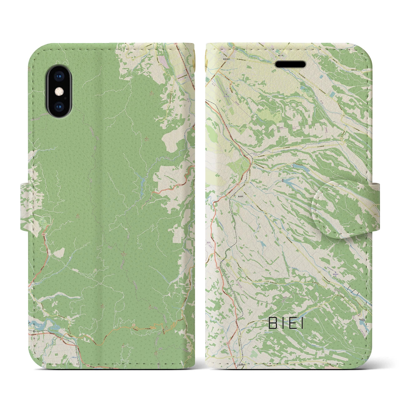 【美瑛(北海道)】地図柄iPhoneケース(手帳タイプ)ナチュラル・iPhone XS / X 用