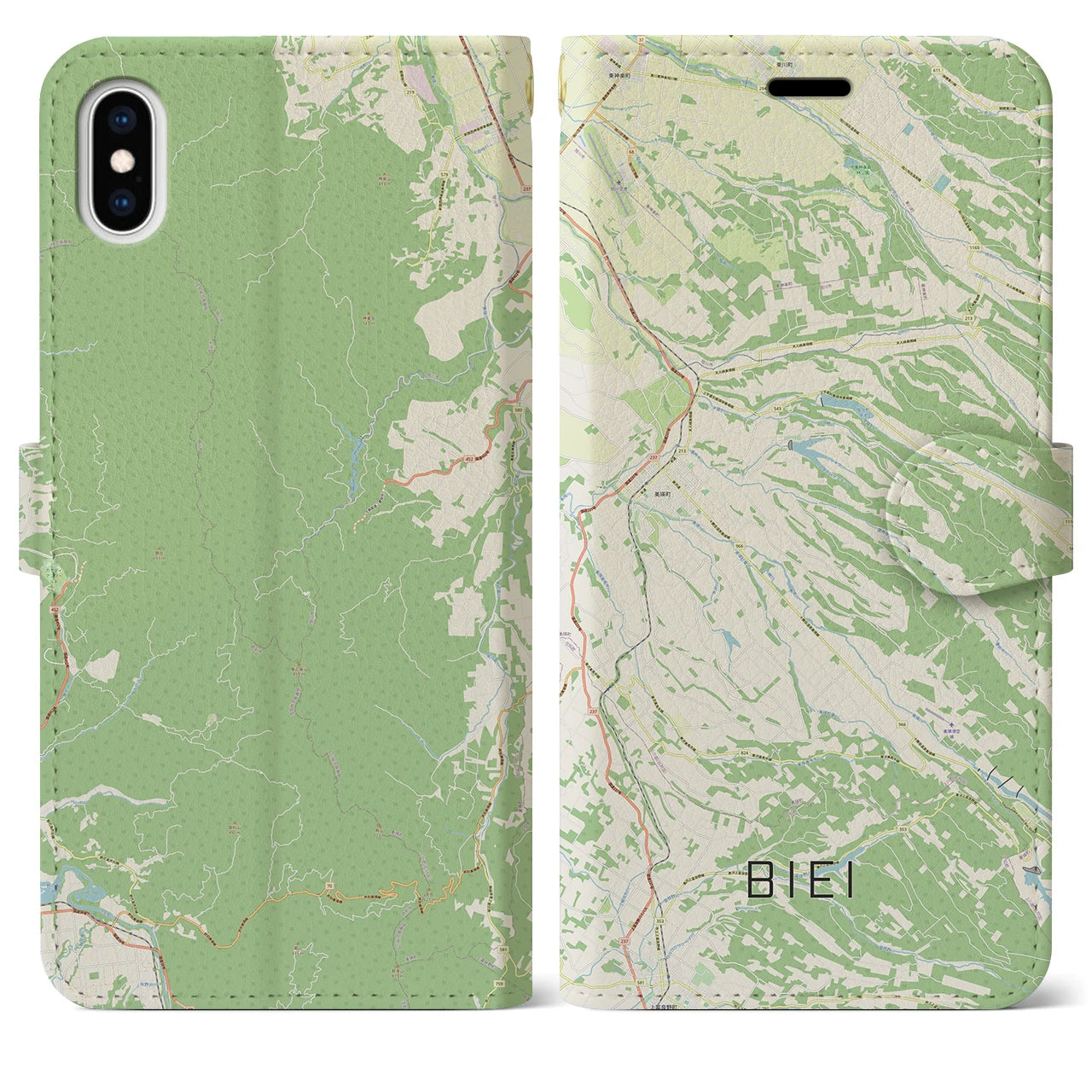 【美瑛(北海道)】地図柄iPhoneケース(手帳タイプ)ナチュラル・iPhone XS Max 用