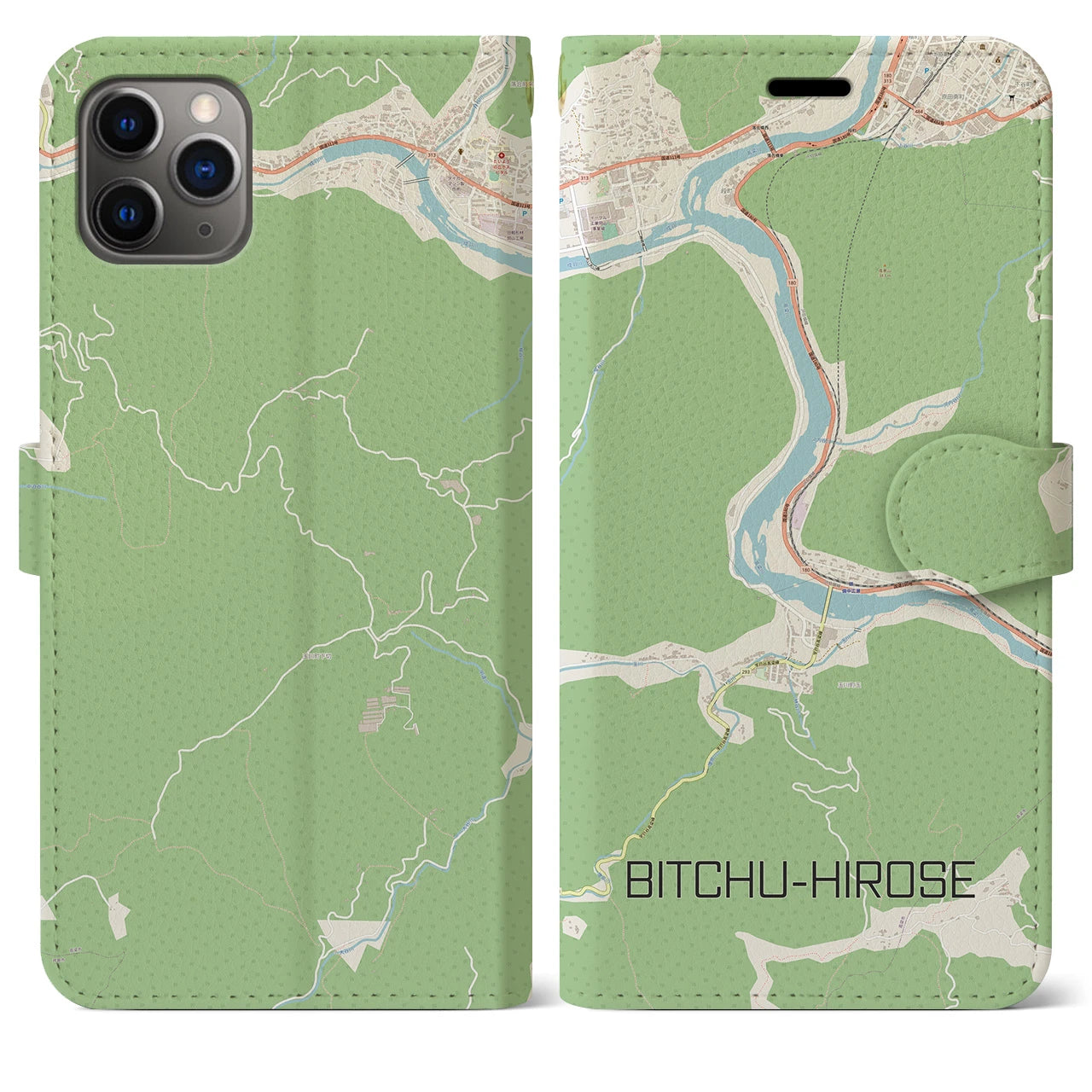 【備中広瀬(岡山県)】地図柄iPhoneケース(手帳タイプ)ナチュラル・iPhone 11 Pro Max 用