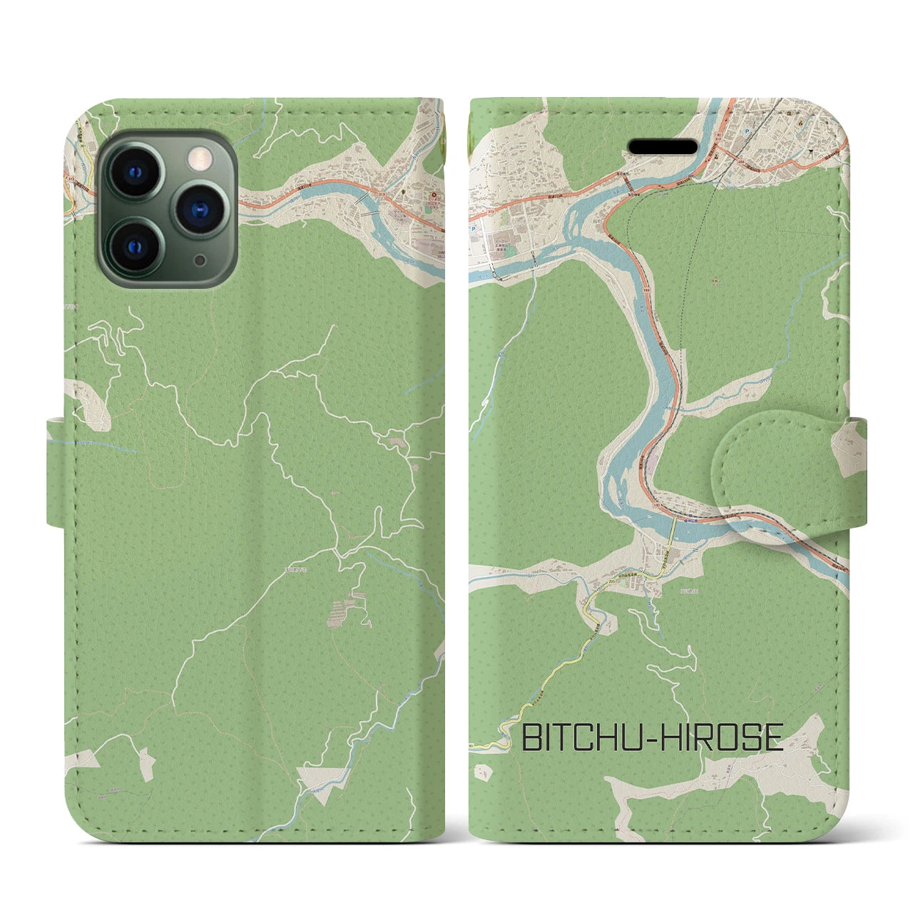 【備中広瀬(岡山県)】地図柄iPhoneケース(手帳タイプ)ナチュラル・iPhone 11 Pro 用