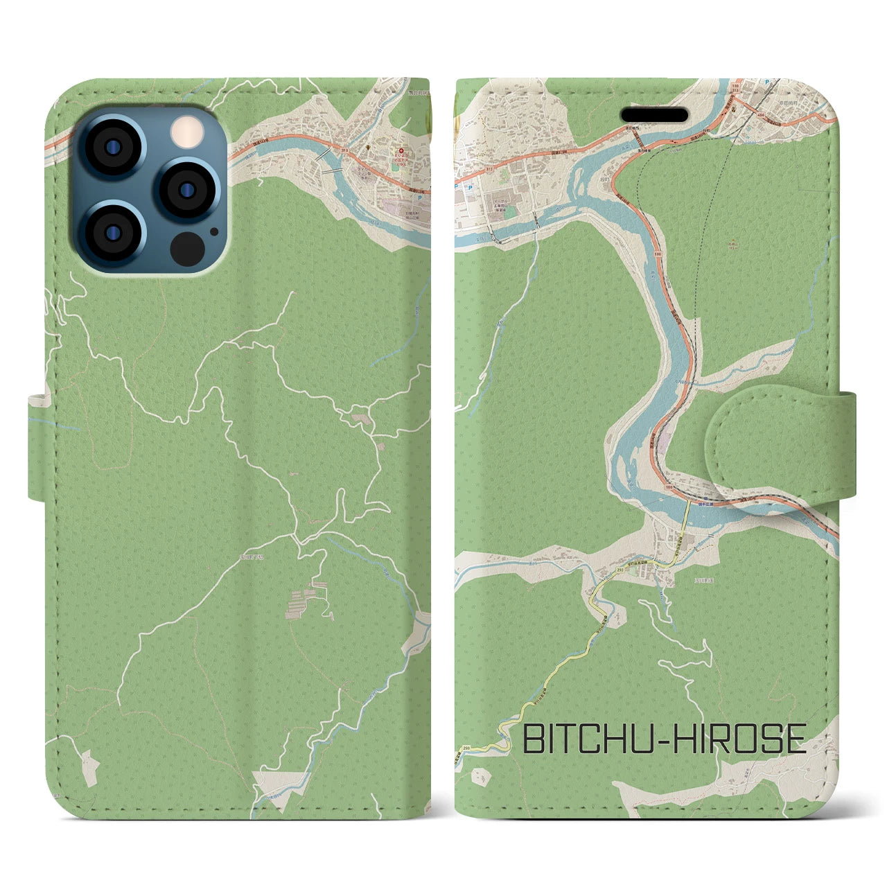 【備中広瀬(岡山県)】地図柄iPhoneケース(手帳タイプ)ナチュラル・iPhone 12 / 12 Pro 用