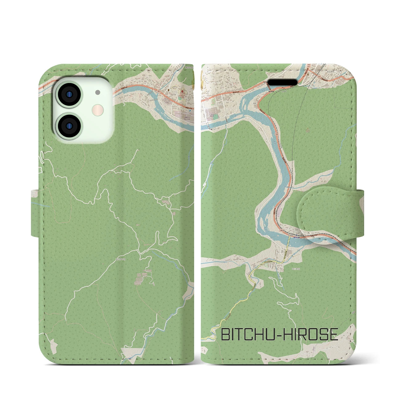 【備中広瀬(岡山県)】地図柄iPhoneケース(手帳タイプ)ナチュラル・iPhone 12 mini 用