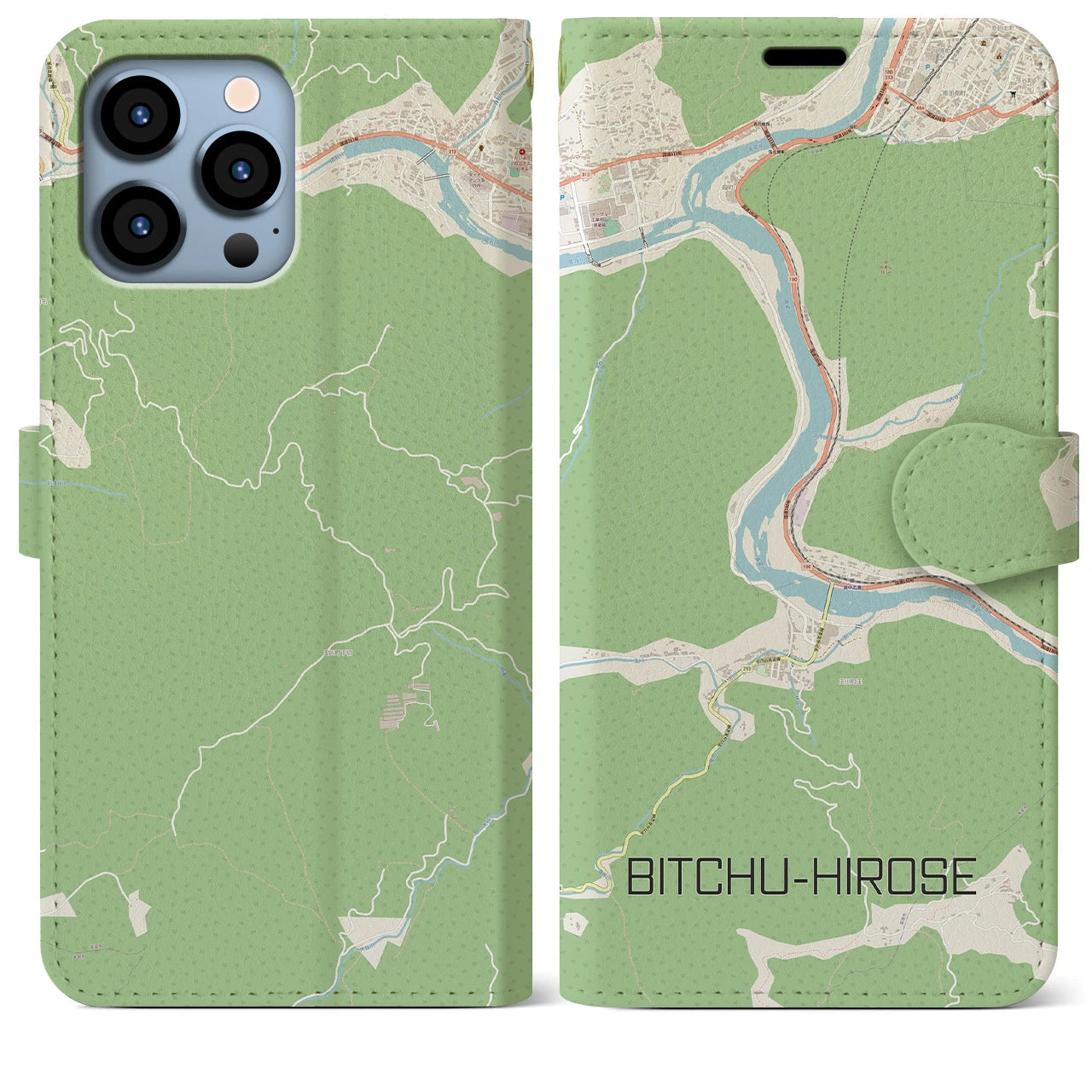 【備中広瀬(岡山県)】地図柄iPhoneケース(手帳タイプ)ナチュラル・iPhone 13 Pro Max 用