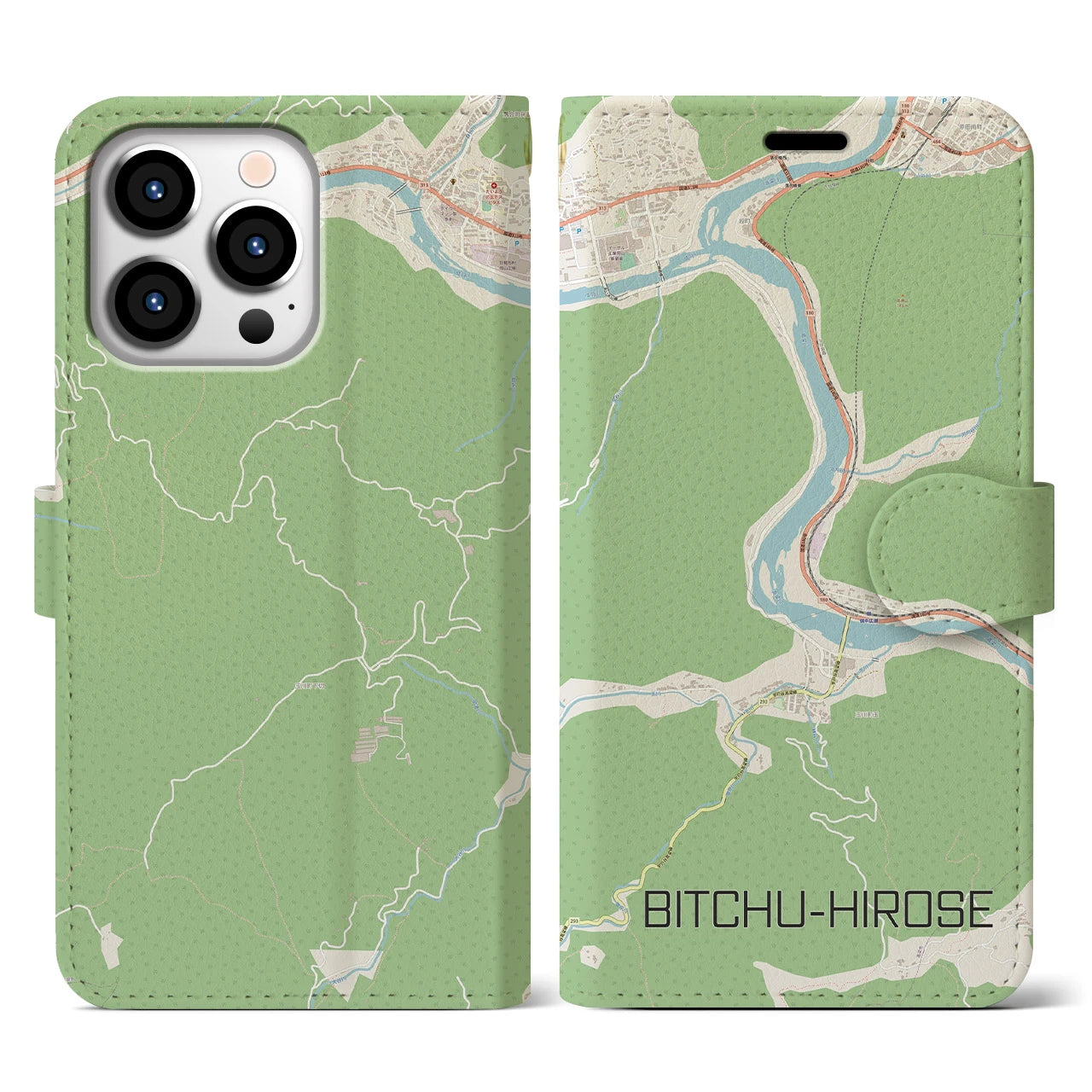 【備中広瀬(岡山県)】地図柄iPhoneケース(手帳タイプ)ナチュラル・iPhone 13 Pro 用