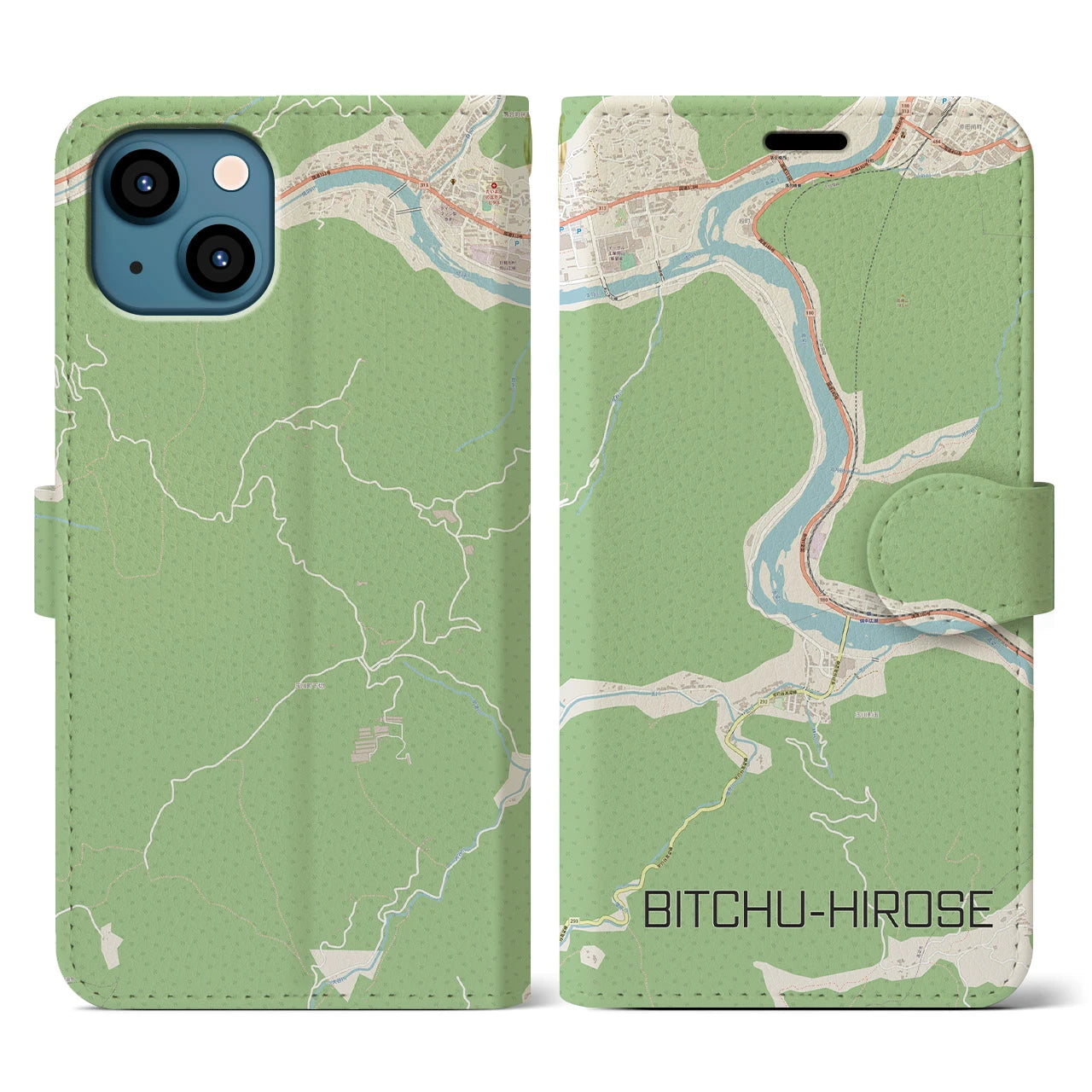 【備中広瀬(岡山県)】地図柄iPhoneケース(手帳タイプ)ナチュラル・iPhone 13 用