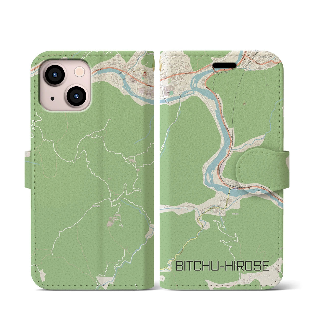 【備中広瀬(岡山県)】地図柄iPhoneケース(手帳タイプ)ナチュラル・iPhone 13 mini 用