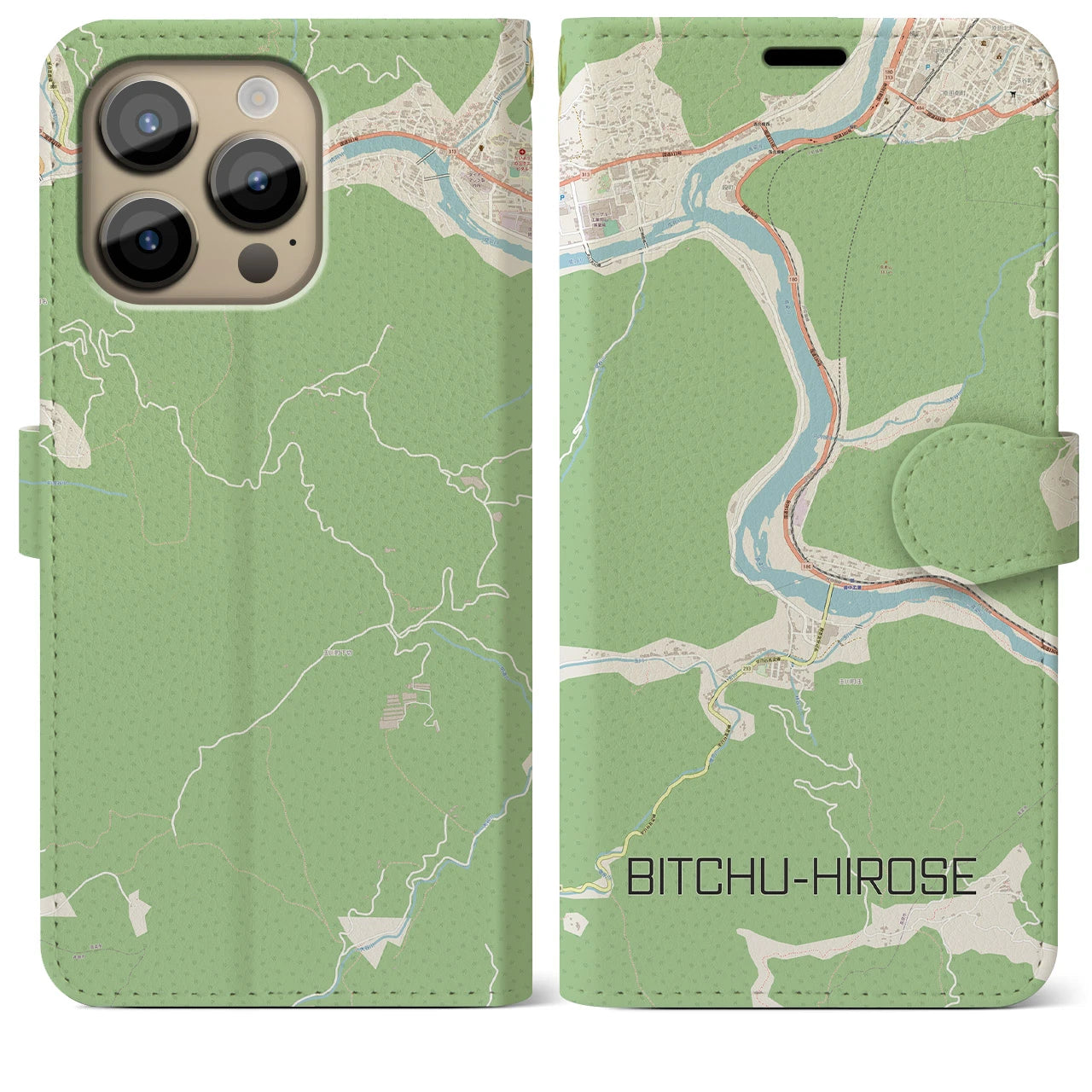 【備中広瀬(岡山県)】地図柄iPhoneケース(手帳タイプ)ナチュラル・iPhone 14 Pro Max 用
