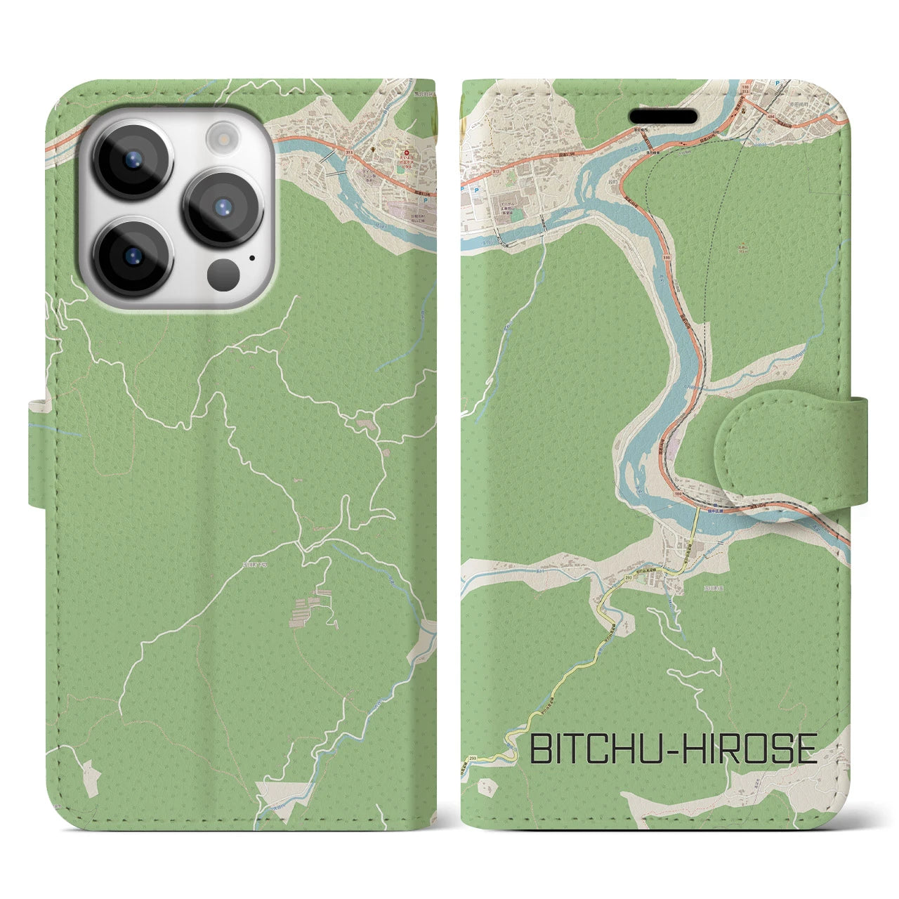 【備中広瀬(岡山県)】地図柄iPhoneケース(手帳タイプ)ナチュラル・iPhone 14 Pro 用
