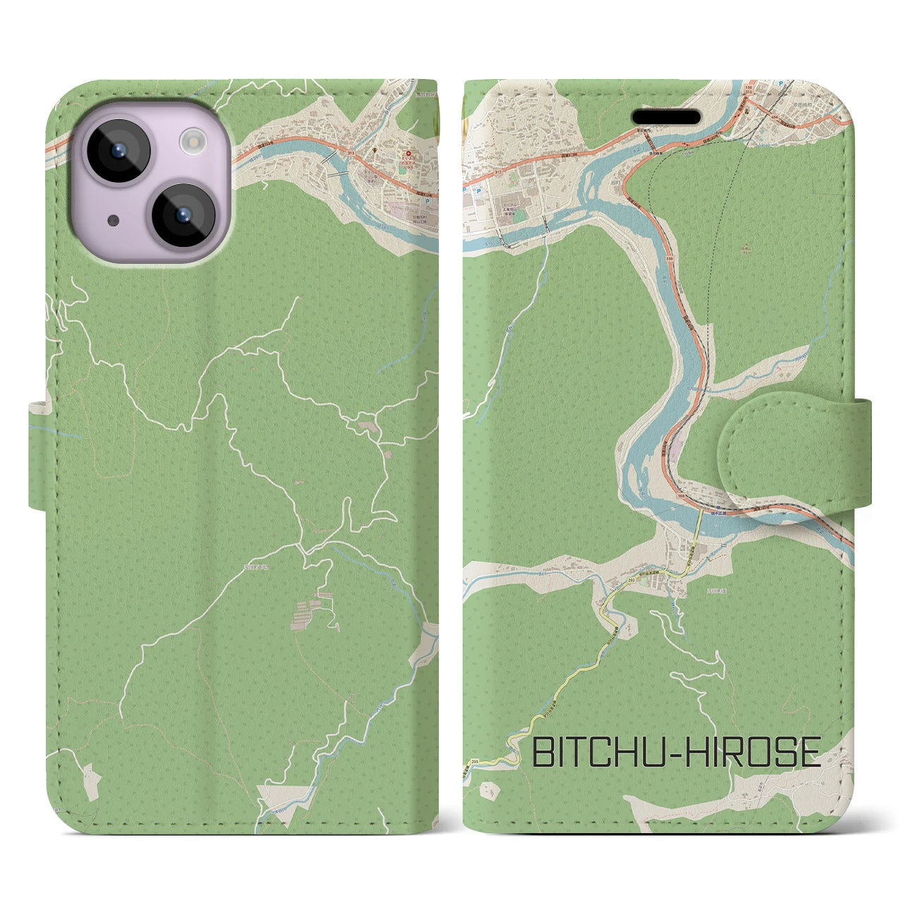 【備中広瀬(岡山県)】地図柄iPhoneケース(手帳タイプ)ナチュラル・iPhone 14 用