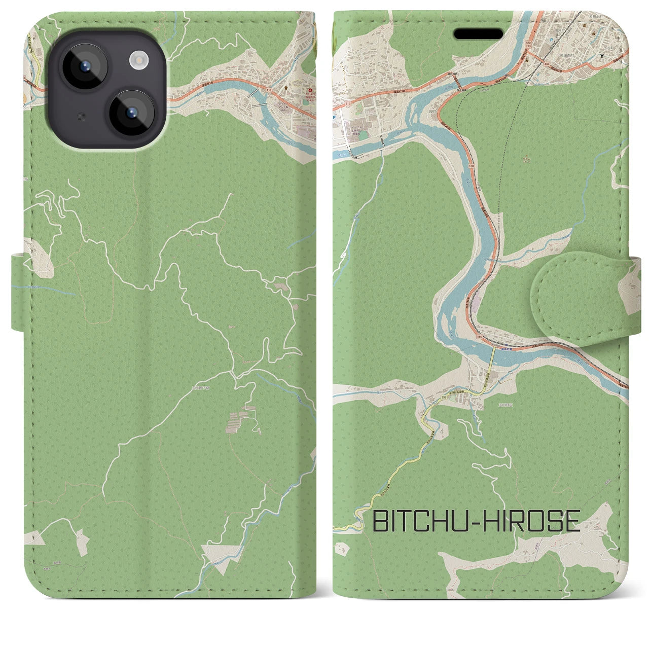 【備中広瀬(岡山県)】地図柄iPhoneケース(手帳タイプ)ナチュラル・iPhone 14 Plus 用