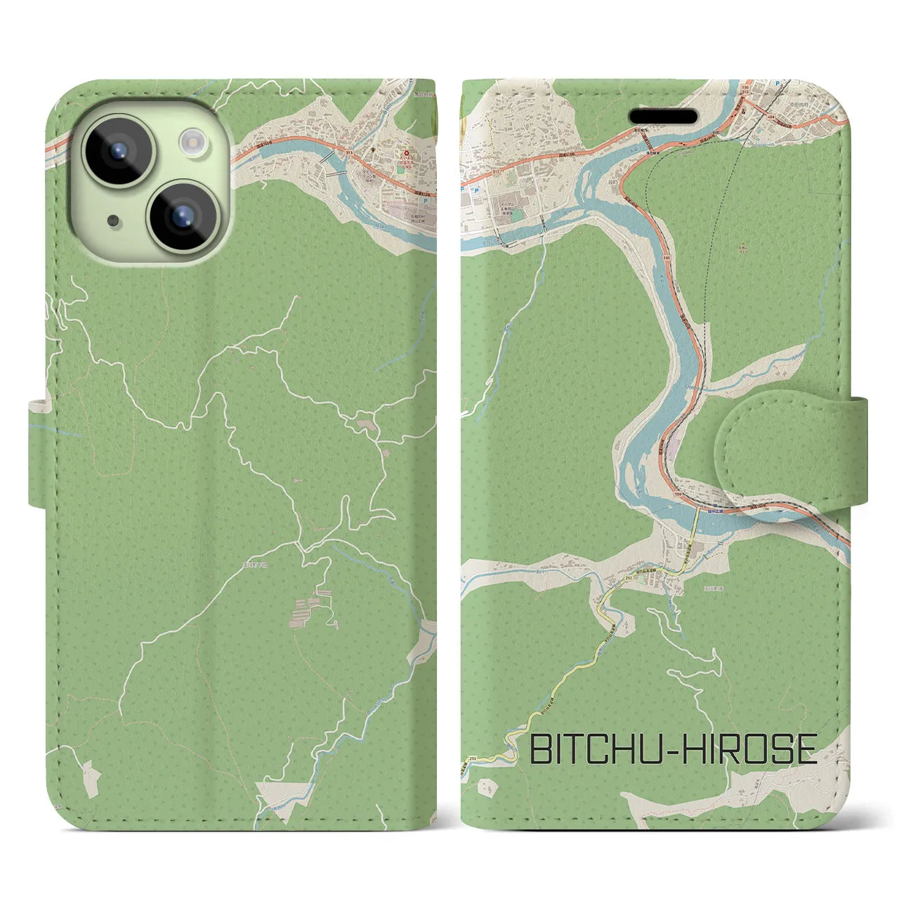 【備中広瀬(岡山県)】地図柄iPhoneケース(手帳タイプ)ナチュラル・iPhone 15 用