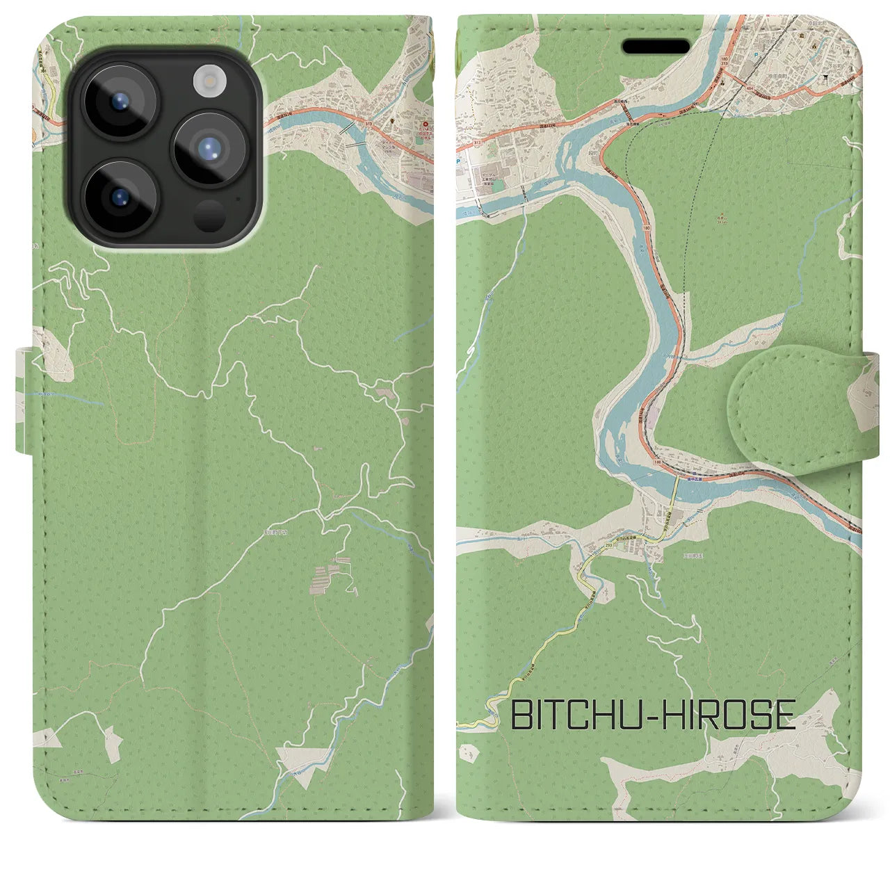 【備中広瀬(岡山県)】地図柄iPhoneケース(手帳タイプ)ナチュラル・iPhone 15 Pro Max 用