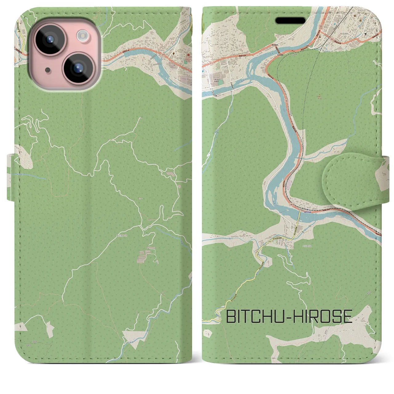 【備中広瀬(岡山県)】地図柄iPhoneケース(手帳タイプ)ナチュラル・iPhone 15 Plus 用