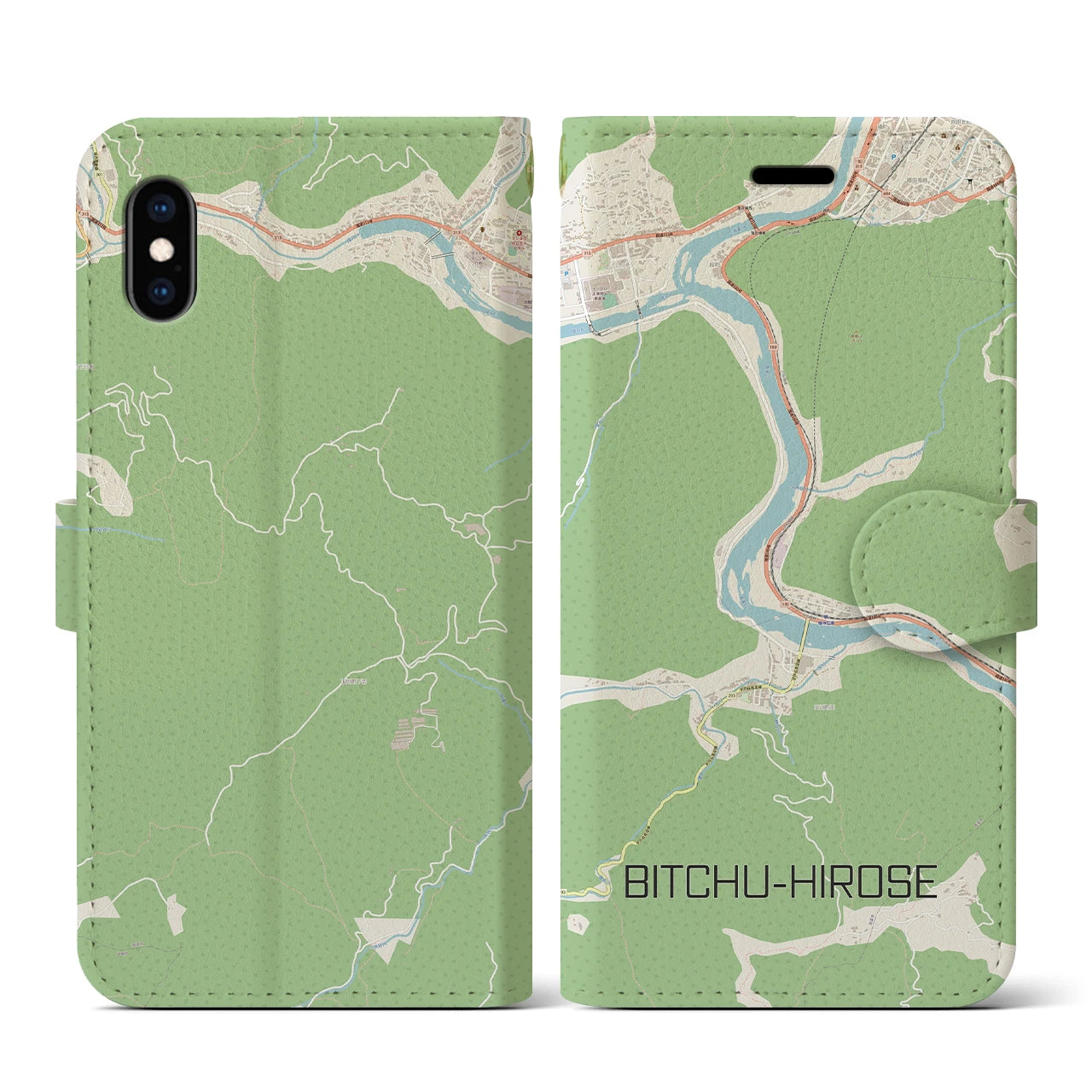 【備中広瀬(岡山県)】地図柄iPhoneケース(手帳タイプ)ナチュラル・iPhone XS / X 用