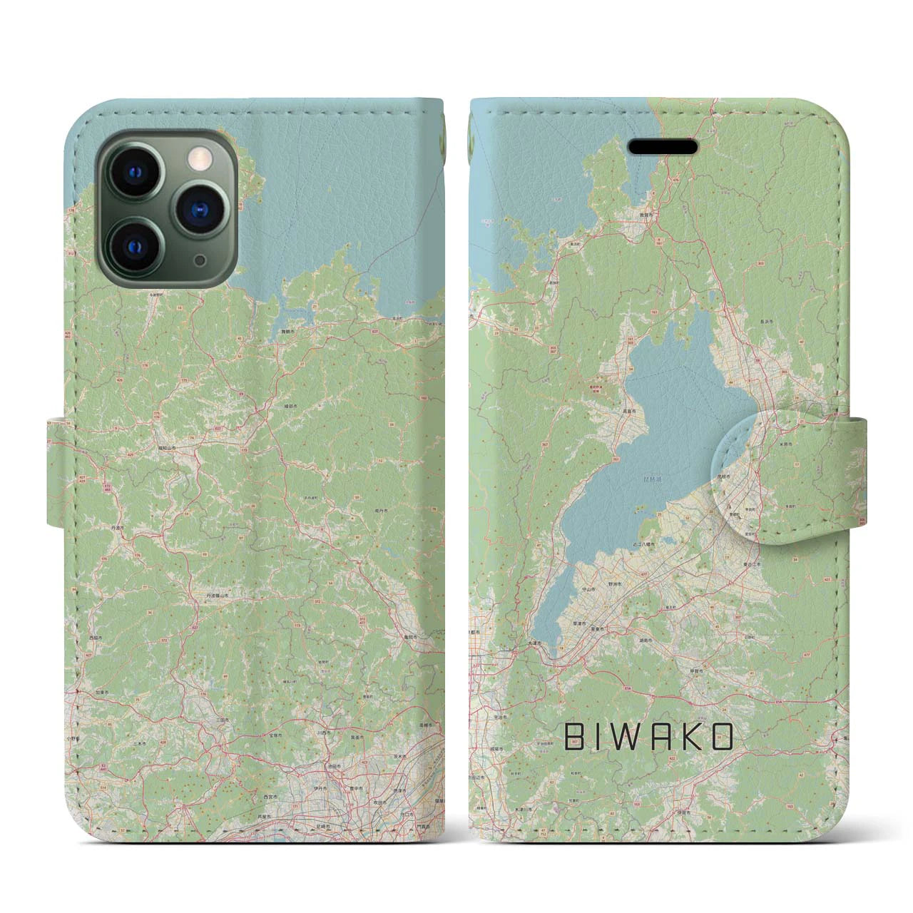 【琵琶湖2(滋賀県)】地図柄iPhoneケース(手帳タイプ)ナチュラル・iPhone 11 Pro 用