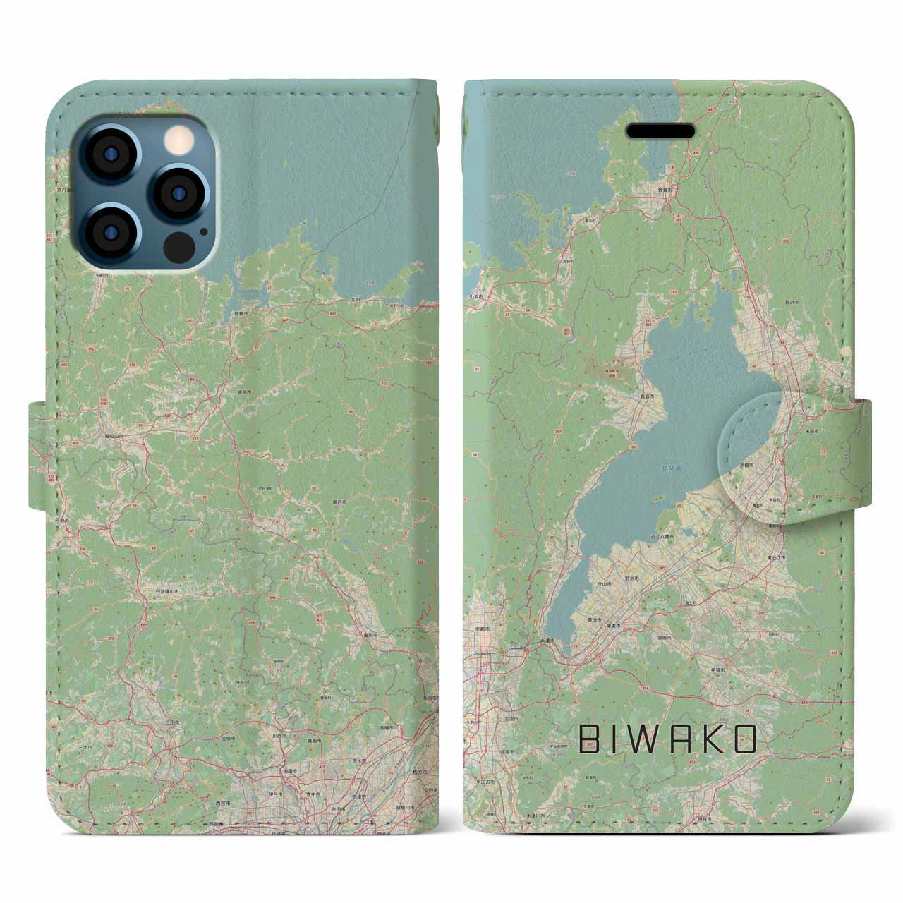 【琵琶湖2(滋賀県)】地図柄iPhoneケース(手帳タイプ)ナチュラル・iPhone 12 / 12 Pro 用