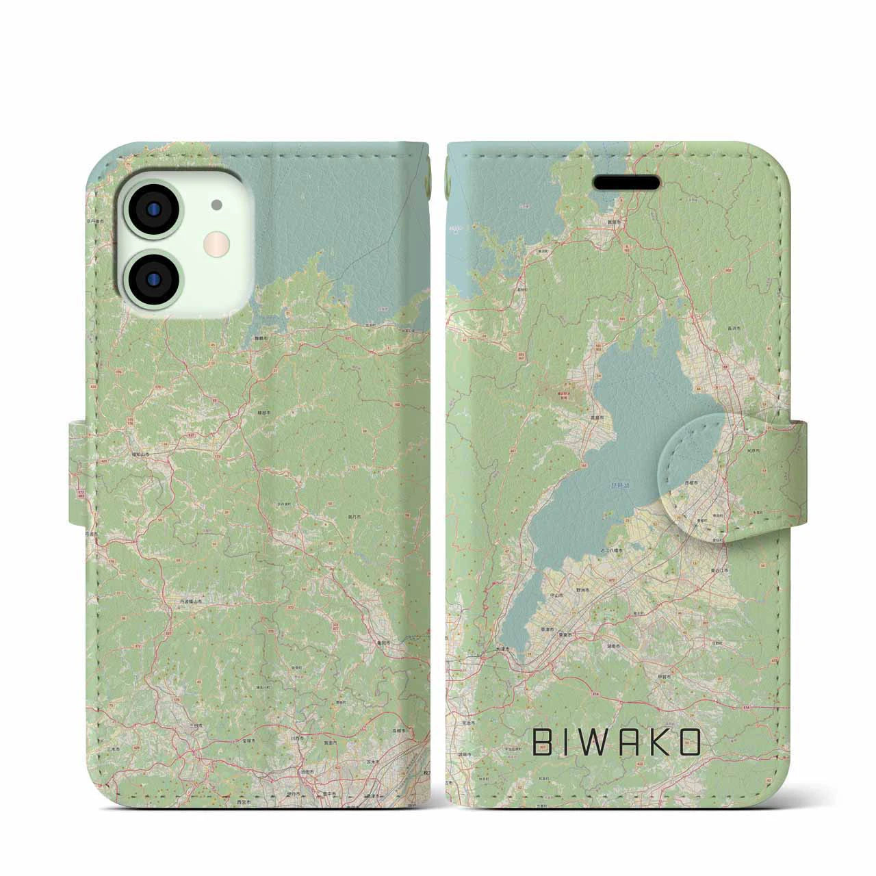 【琵琶湖2(滋賀県)】地図柄iPhoneケース(手帳タイプ)ナチュラル・iPhone 12 mini 用