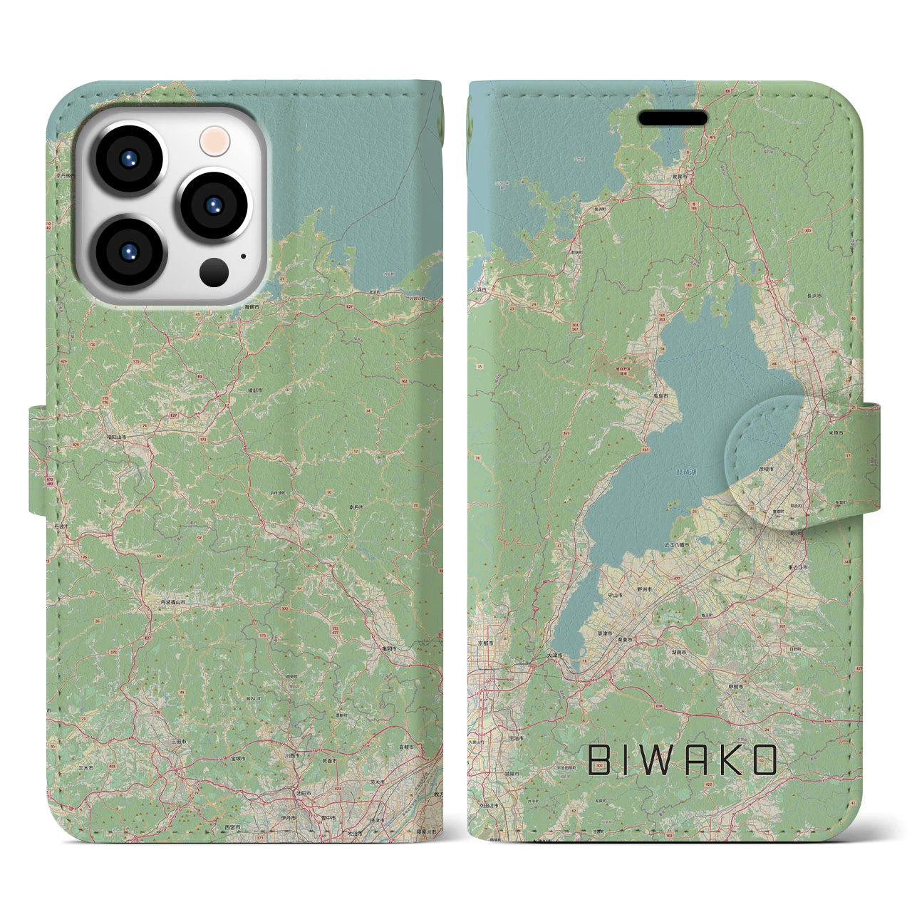 【琵琶湖2(滋賀県)】地図柄iPhoneケース(手帳タイプ)ナチュラル・iPhone 13 Pro 用