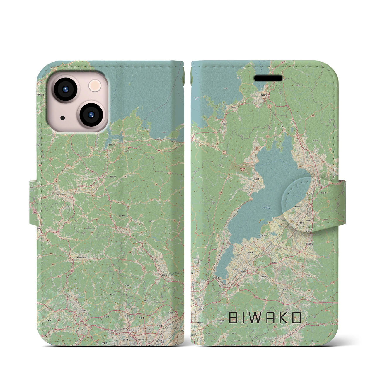 【琵琶湖2(滋賀県)】地図柄iPhoneケース(手帳タイプ)ナチュラル・iPhone 13 mini 用